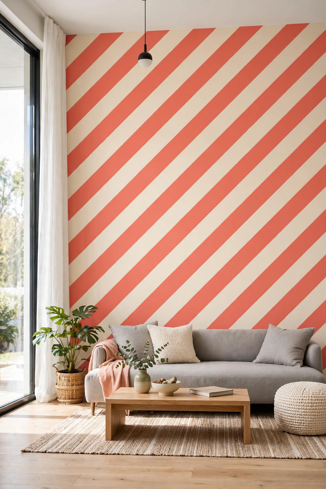 Modern living room wall with bold diagonal stripes in coral and cream