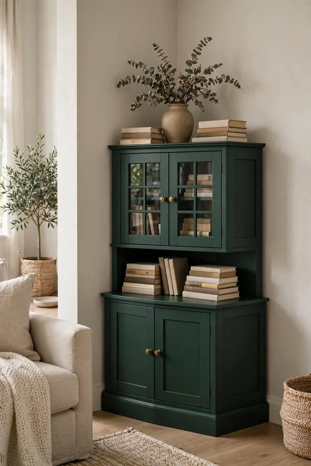 Corner cabinet painted deep forest green as an accent piece in neutral room