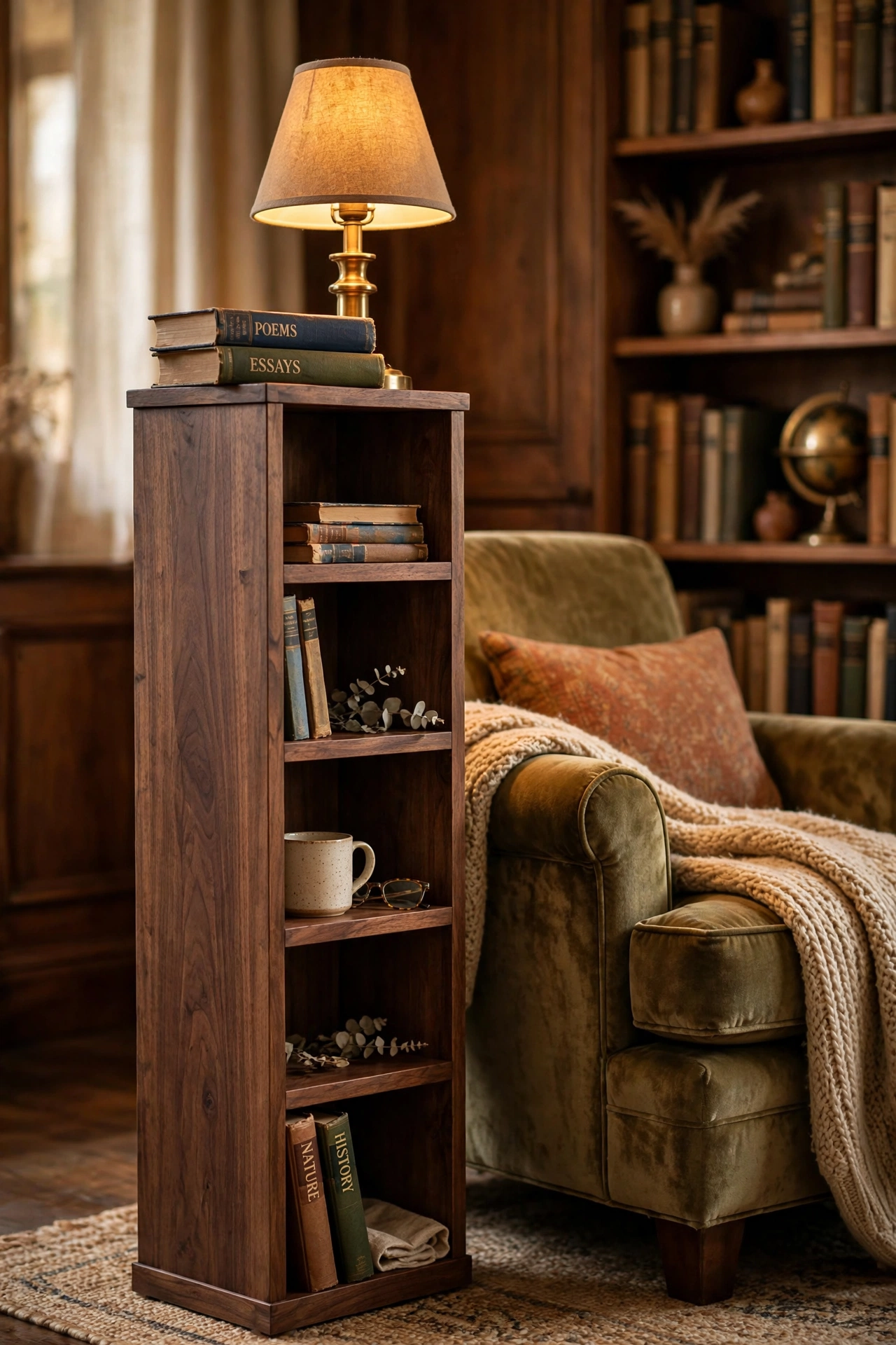 Tall wooden column side table with bookshelf cubbies beside a cozy armchair