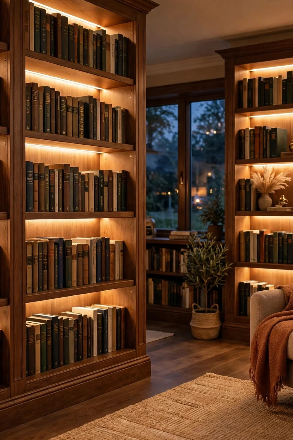 Home library with warm LED strips under each bookshelf lighting the book spines