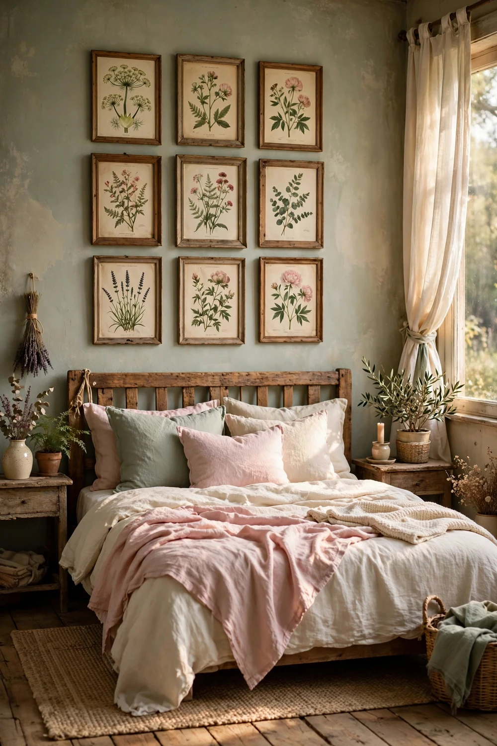 Gallery wall of framed vintage botanical prints hanging above a bed in a cottage bedroom