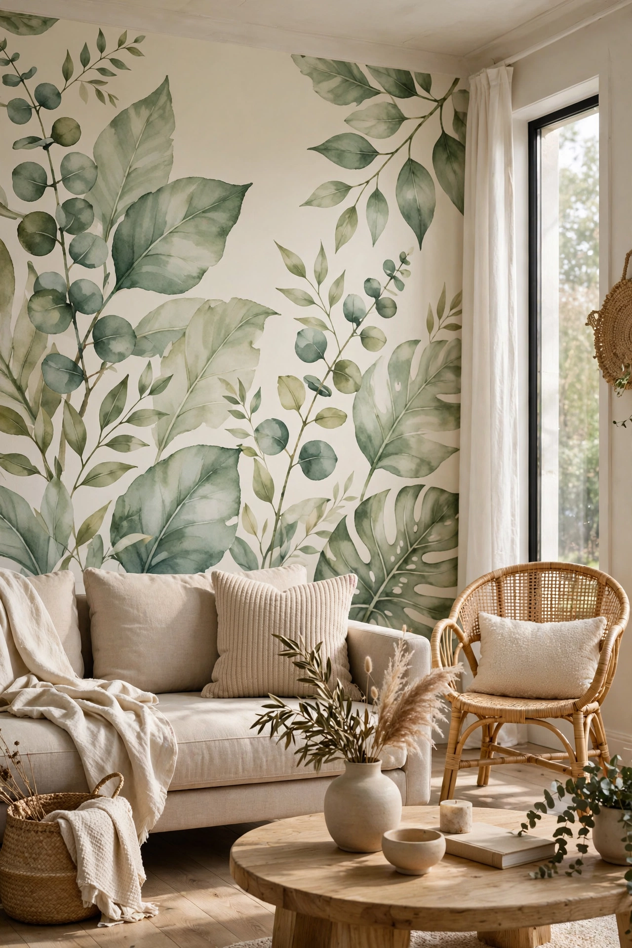 Living room wall with a large-scale botanical mural in soft greens and creams