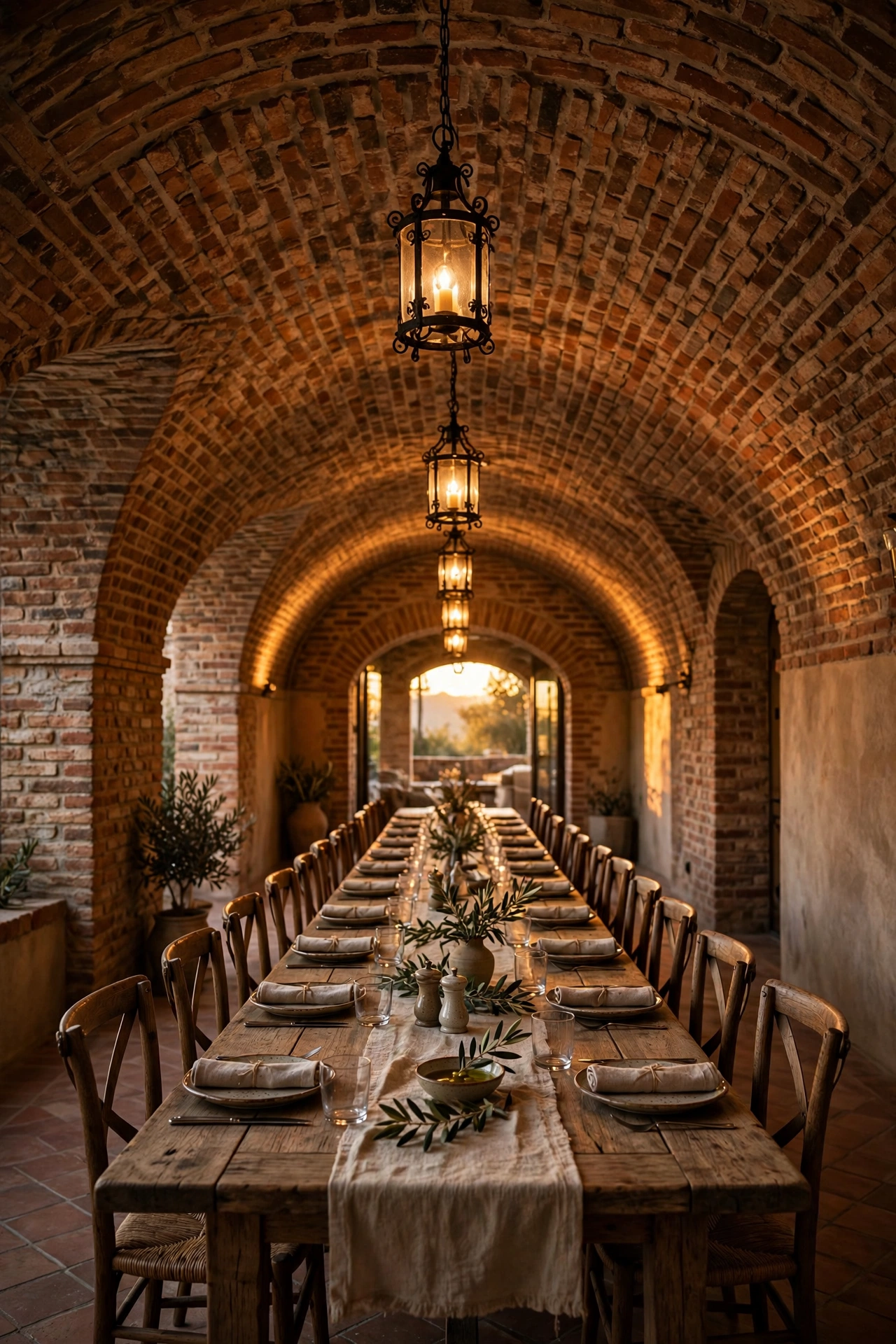 Dining area under a barrel-vaulted brick boveda ceiling with wrought iron lanterns