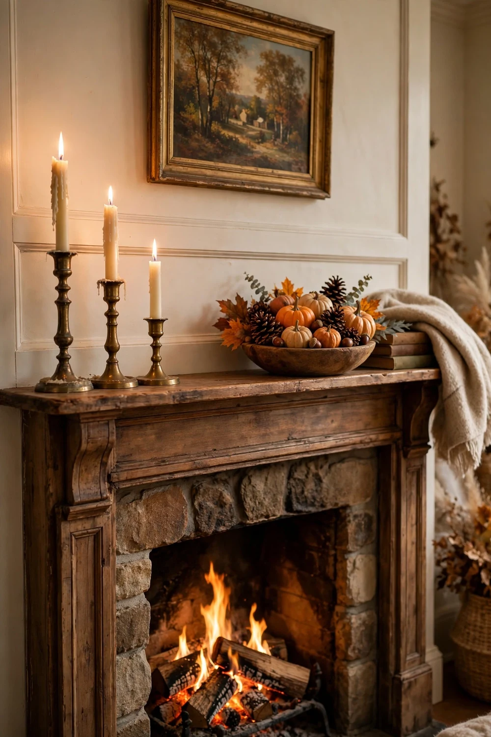 Three brass candlesticks with ivory tapers on a fall mantel with pinecones