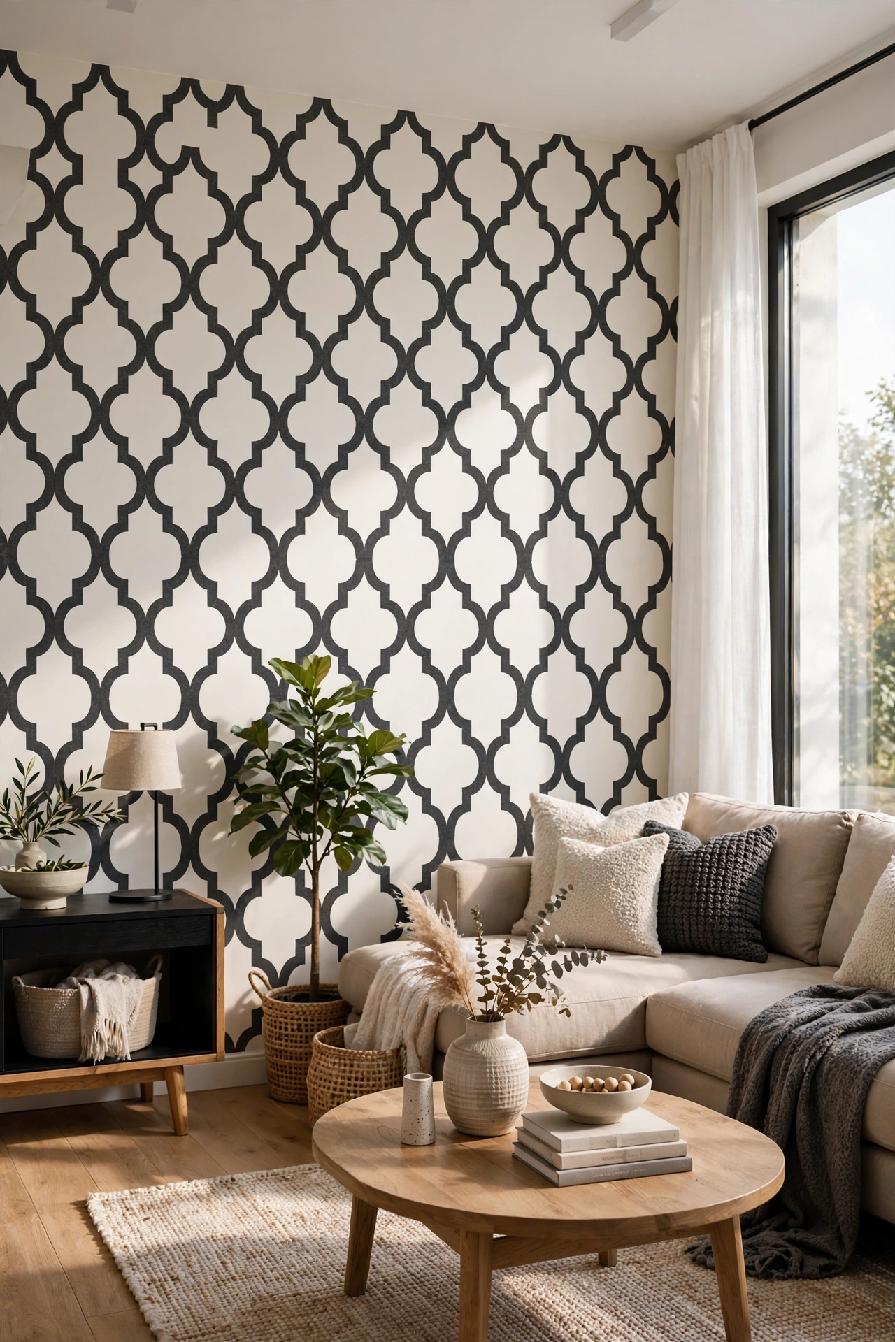 Contemporary family room with Brewster charcoal and ivory trellis peel-and-stick wallpaper
