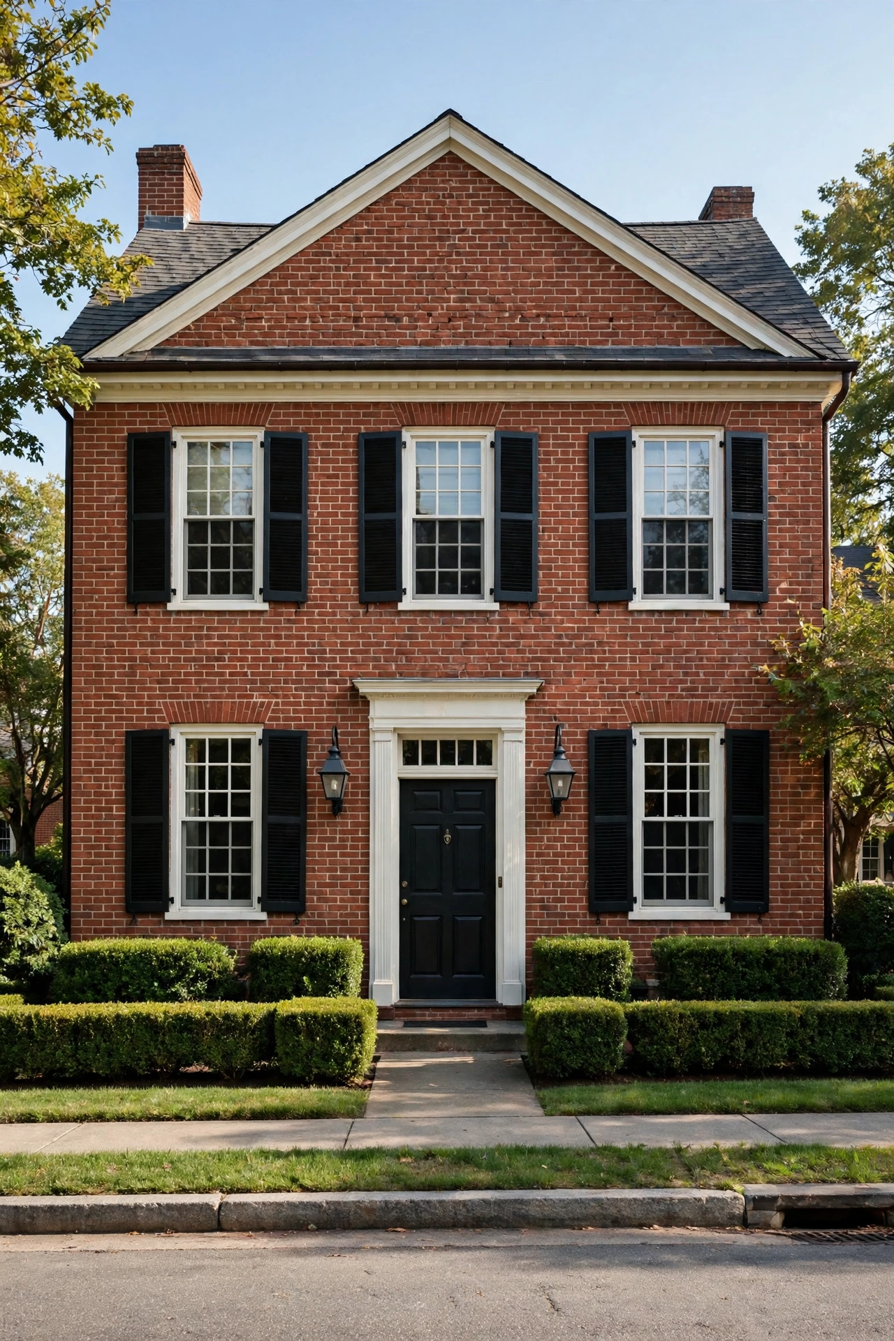 Classic brick red colonial house with white trim and black shutters, manicured hedges