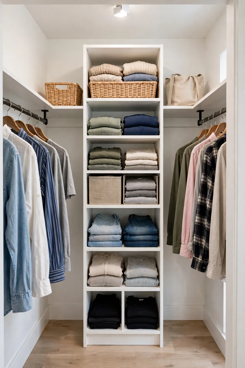 Budget-friendly center tower with hanging rods on both sides in a walk-in closet