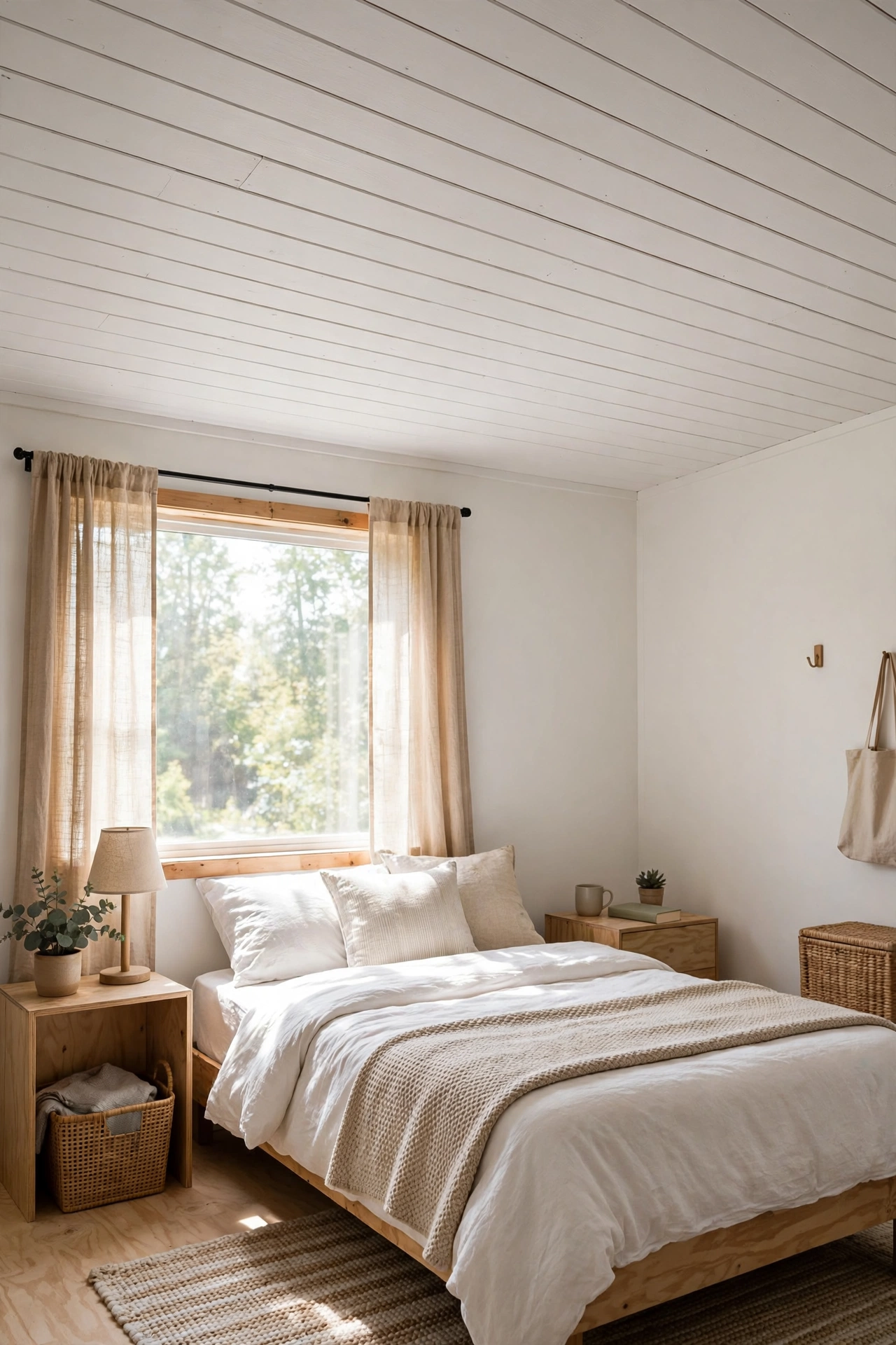Plywood faux shiplap plank ceiling in a budget bedroom makeover