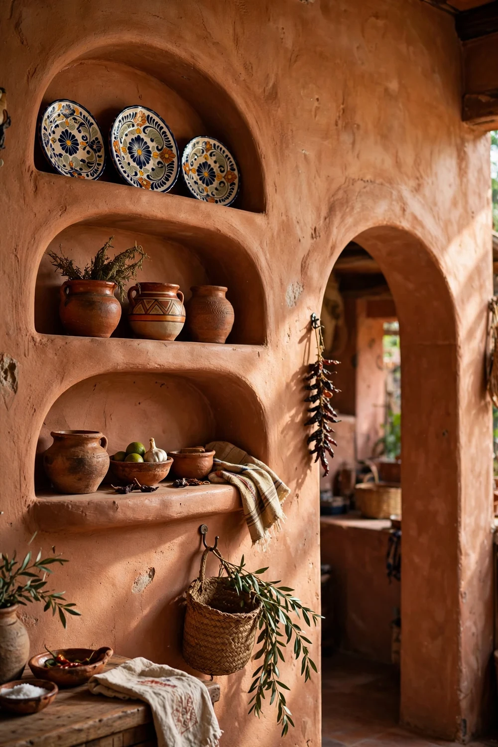 Built-in stucco plaster shelving with pottery in a Mexican style kitchen