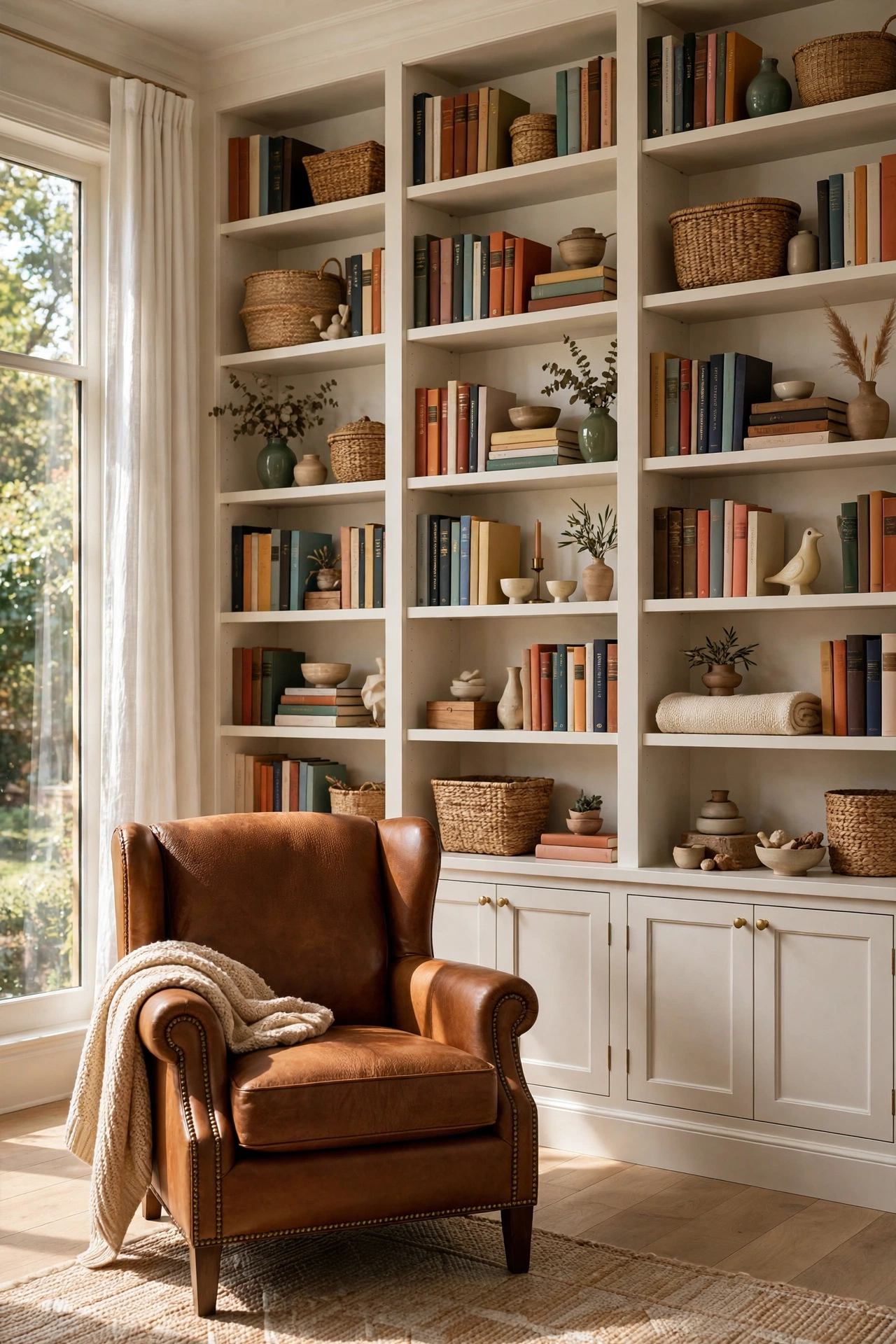 Floor-to-ceiling built-in bookcase wall filled with books and decor in a cozy living room