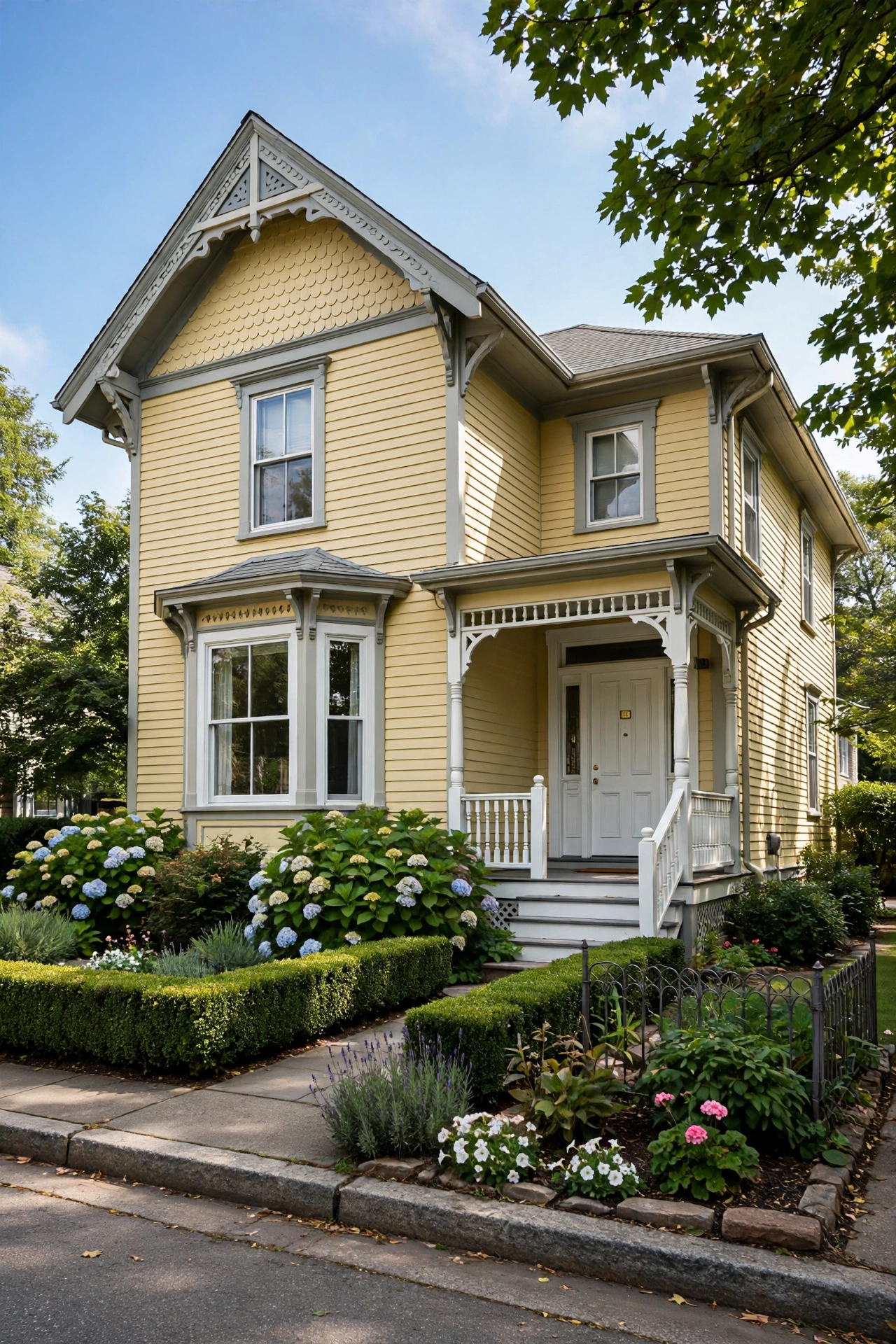 Butter yellow Victorian-style house with soft gray trim and white porch details