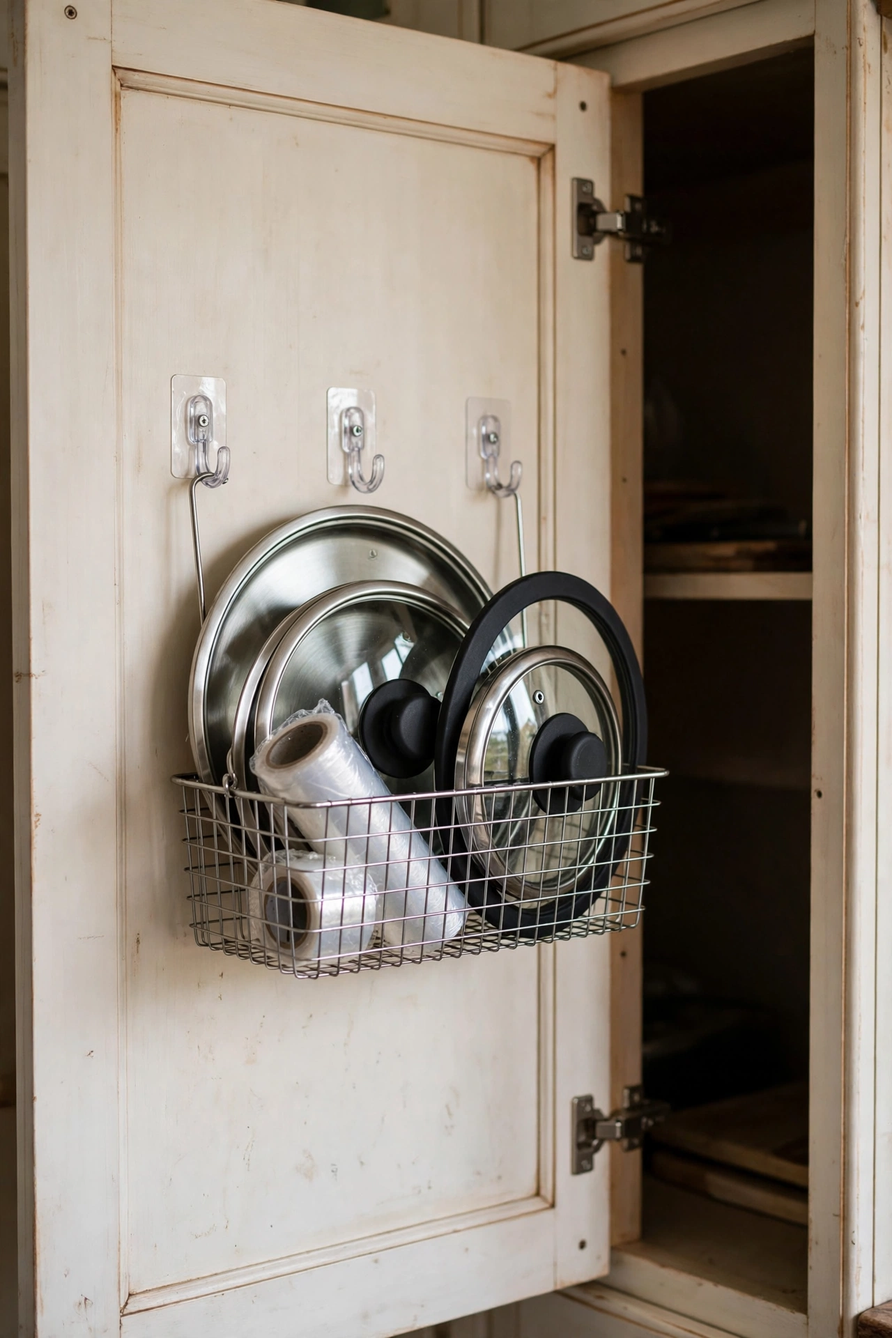 Small wire baskets hung with adhesive hooks inside a cabinet door holding lids and wraps