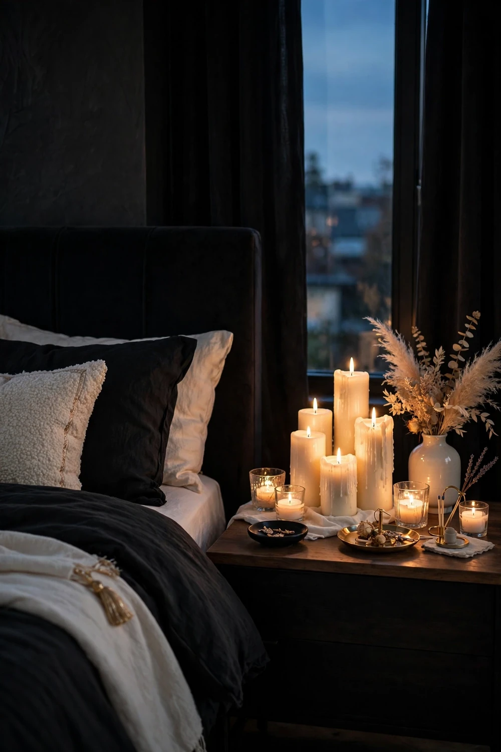 Nightstand with clusters of lit ivory pillar candles and votives beside a black bed
