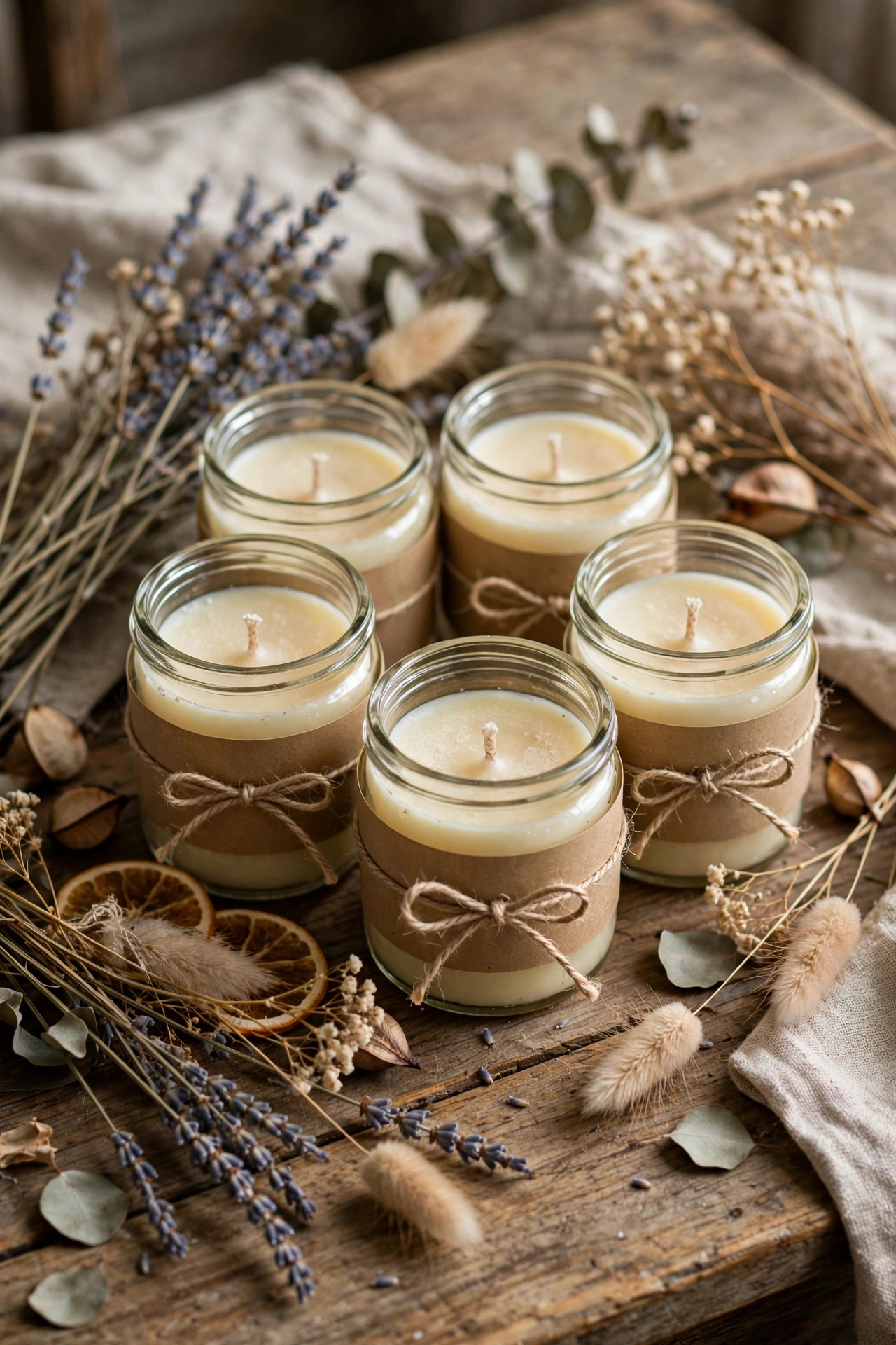 Set of homemade candles in small jars wrapped with twine as gifts on a wooden table