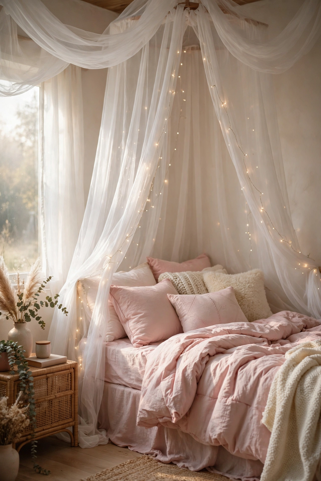 Teen bed with sheer white canopy curtains and fairy lights over blush pink bedding
