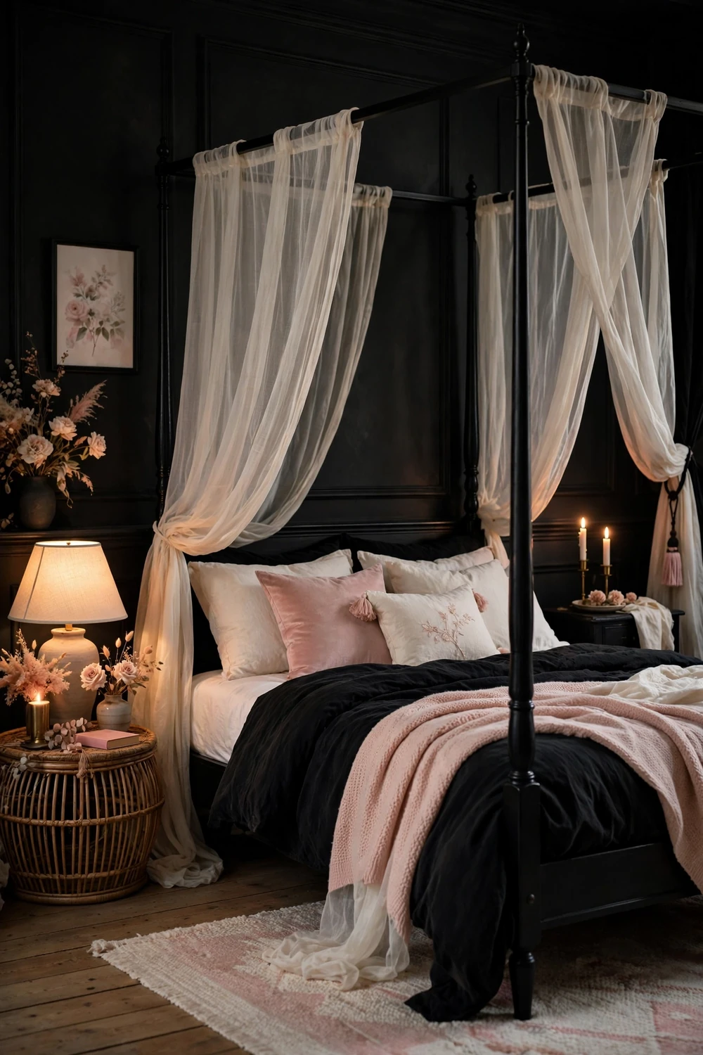Black four-poster canopy bed draped with sheer ivory curtains glowing softly