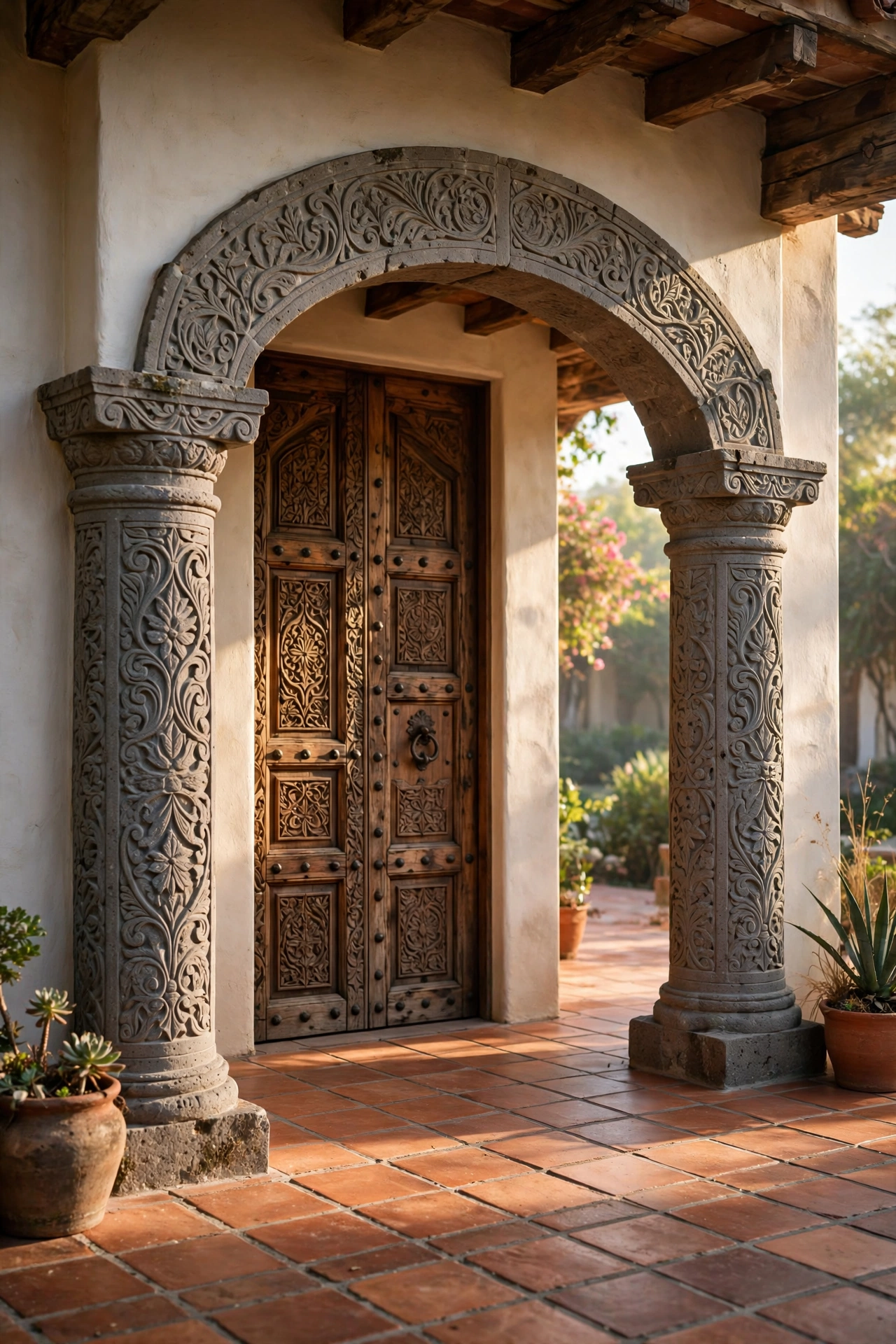 Hacienda entryway with hand-carved cantera stone columns and arched doorway