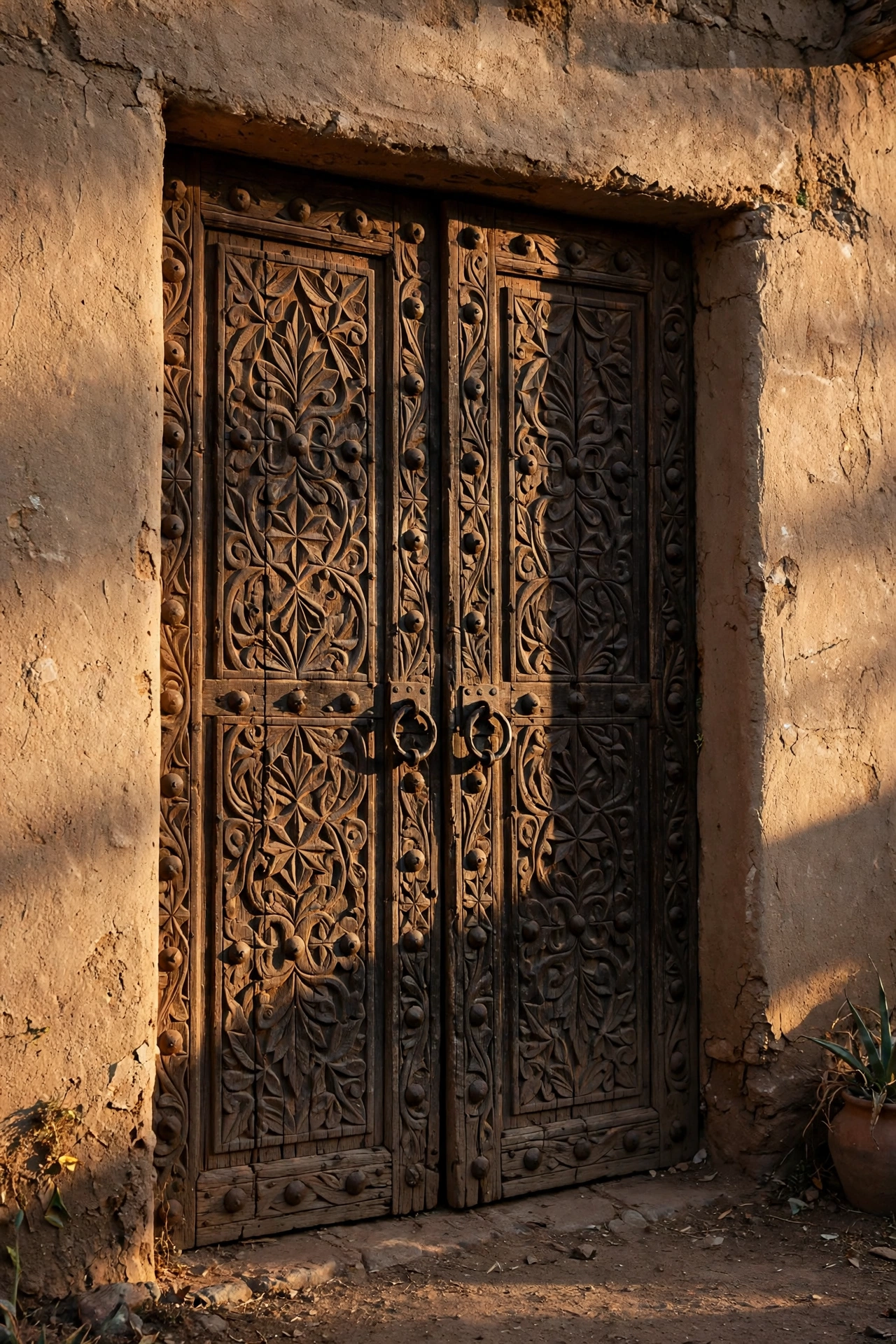 Massive carved dark wooden double doors with iron studs in an adobe plaster wall