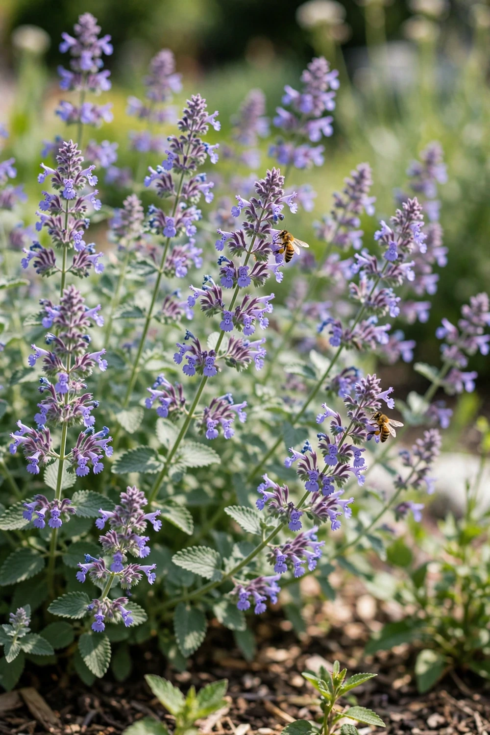 Catmint plant with spikes of lavender-blue flowers in a sunny flower bed, bees visiting