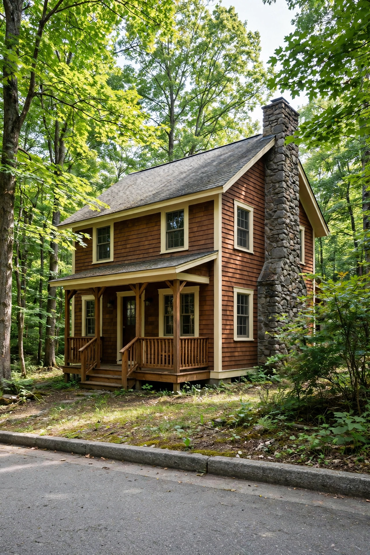 Cedar brown rustic house with cream trim and stone chimney in a wooded setting