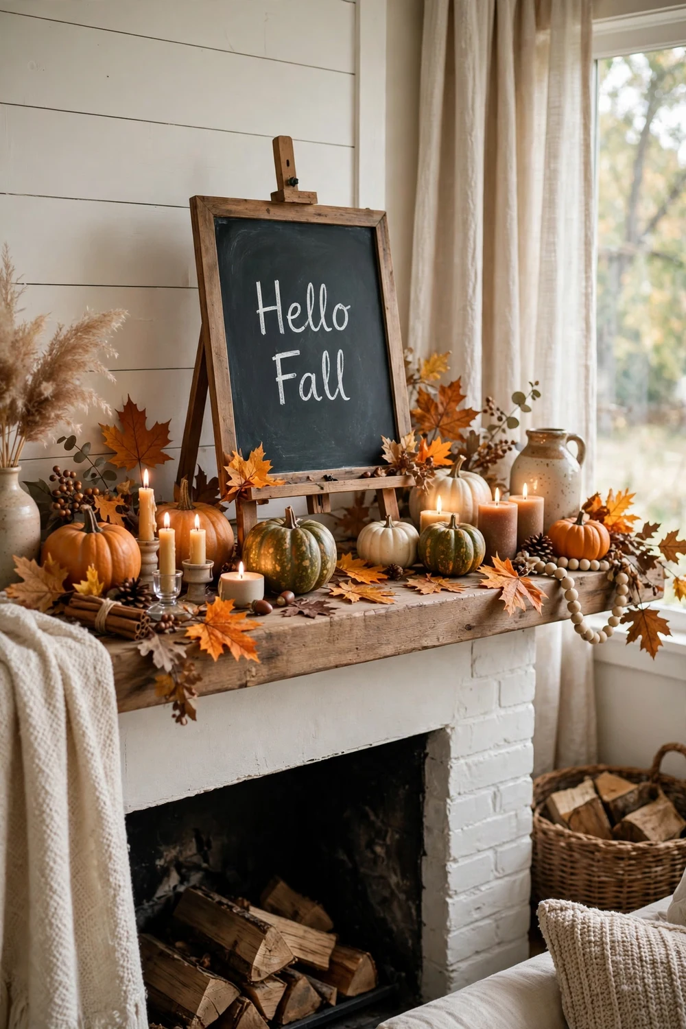 Chalkboard Hello Fall sign centered on mantel with pumpkins leaves and candles