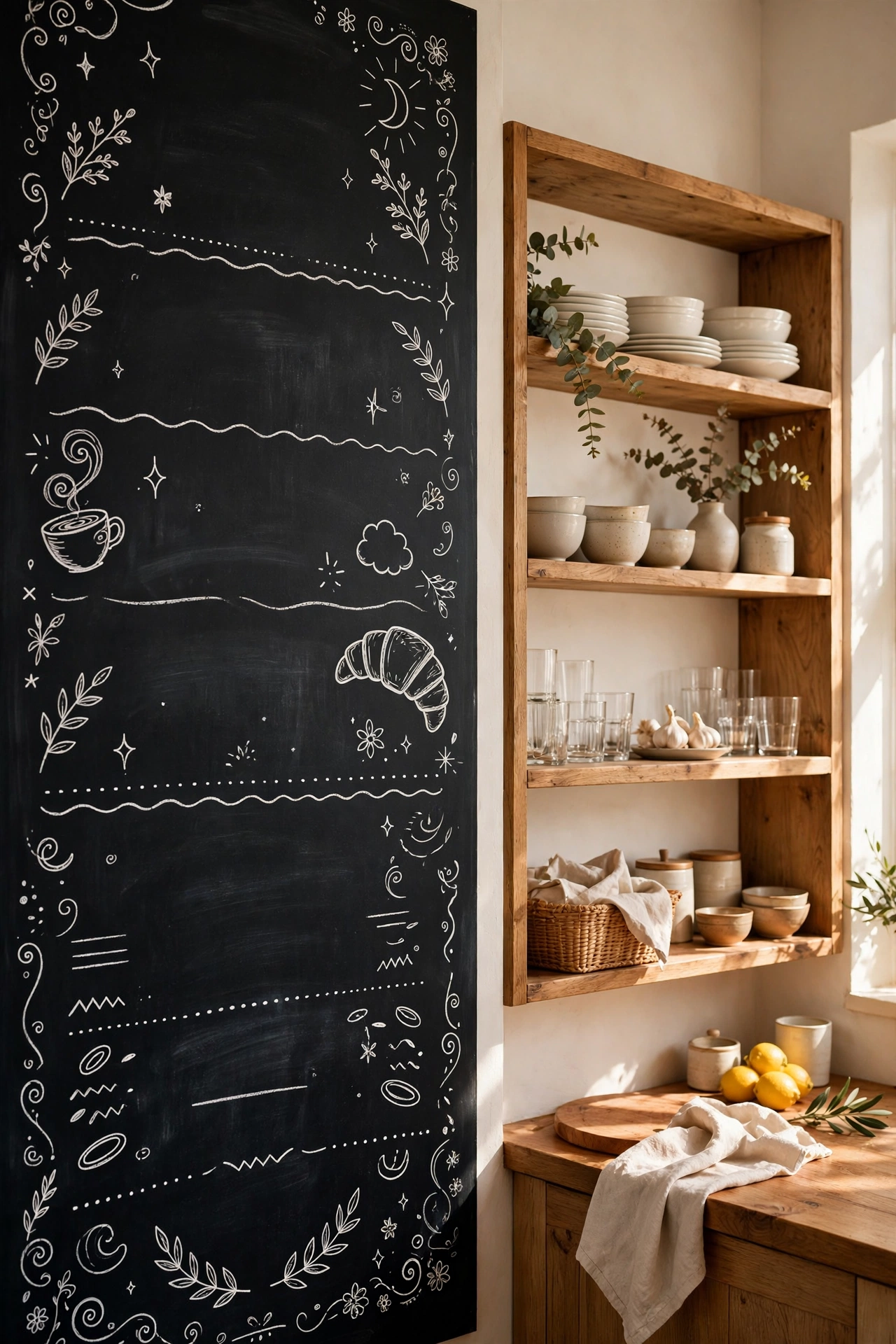 Kitchen chalkboard wall with a hand-drawn weekly menu and doodles beside open shelving