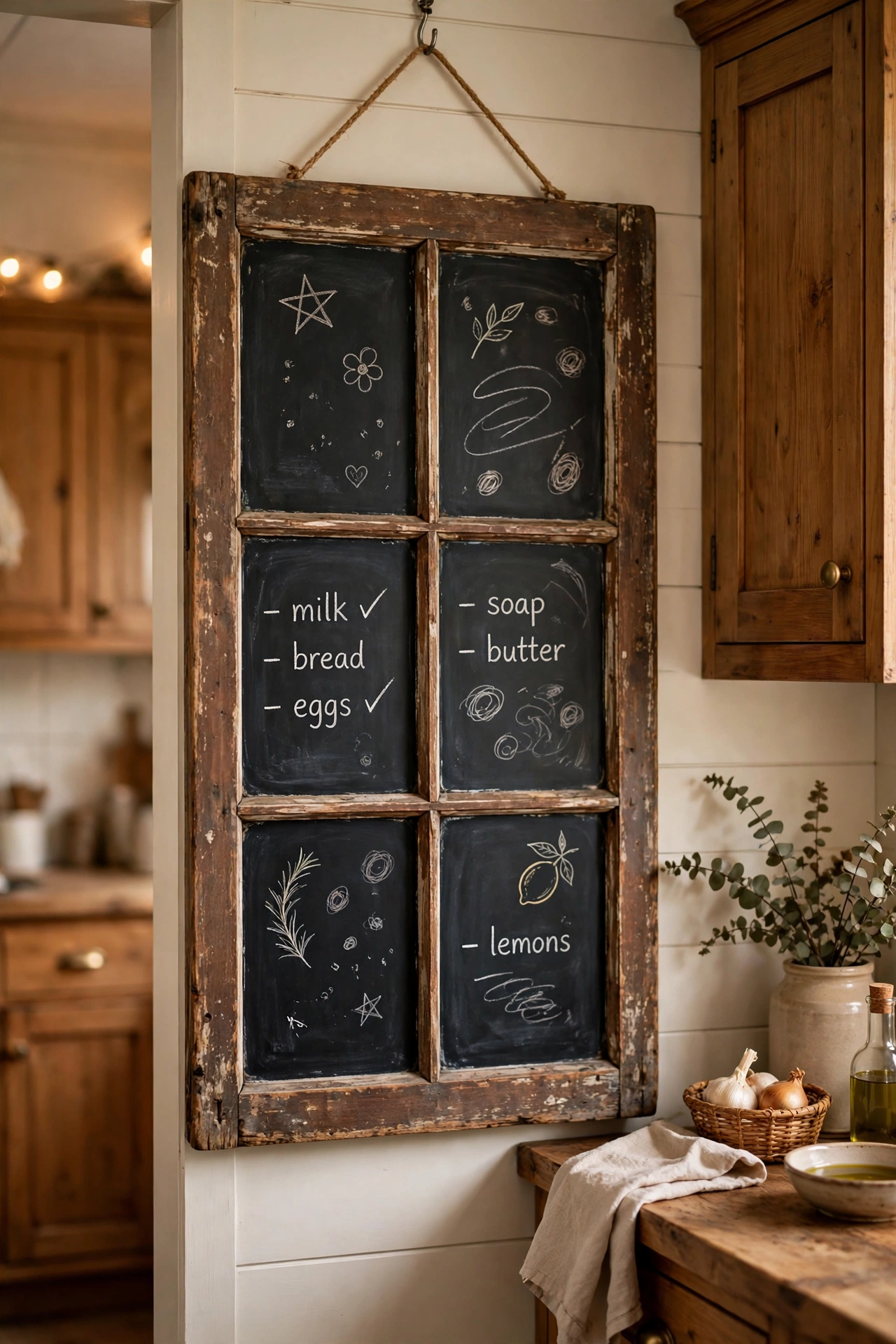 Old window with chalkboard paint on the glass panes used as a kitchen message center