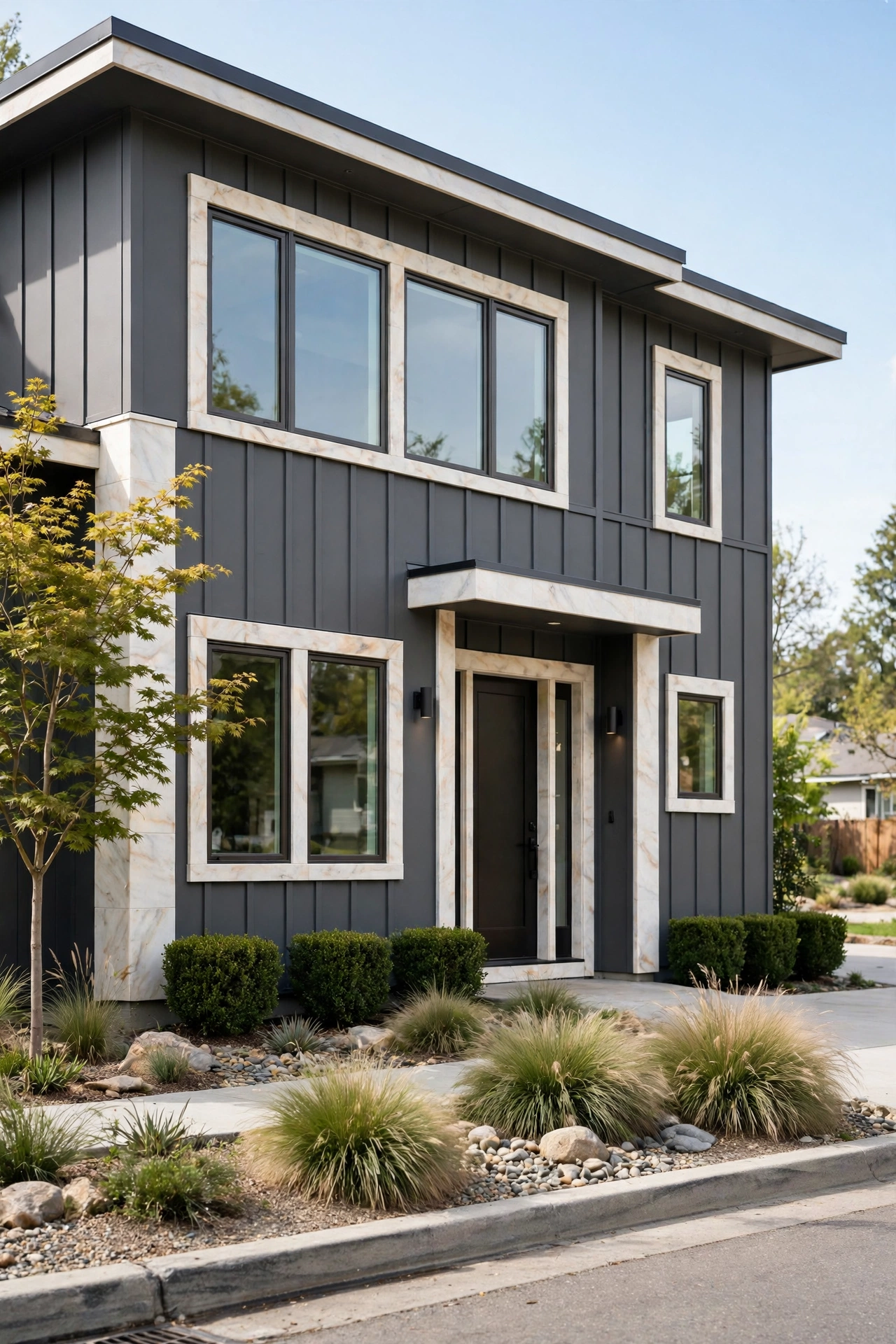 Charcoal gray modern house with alabaster white trim and clean landscaping