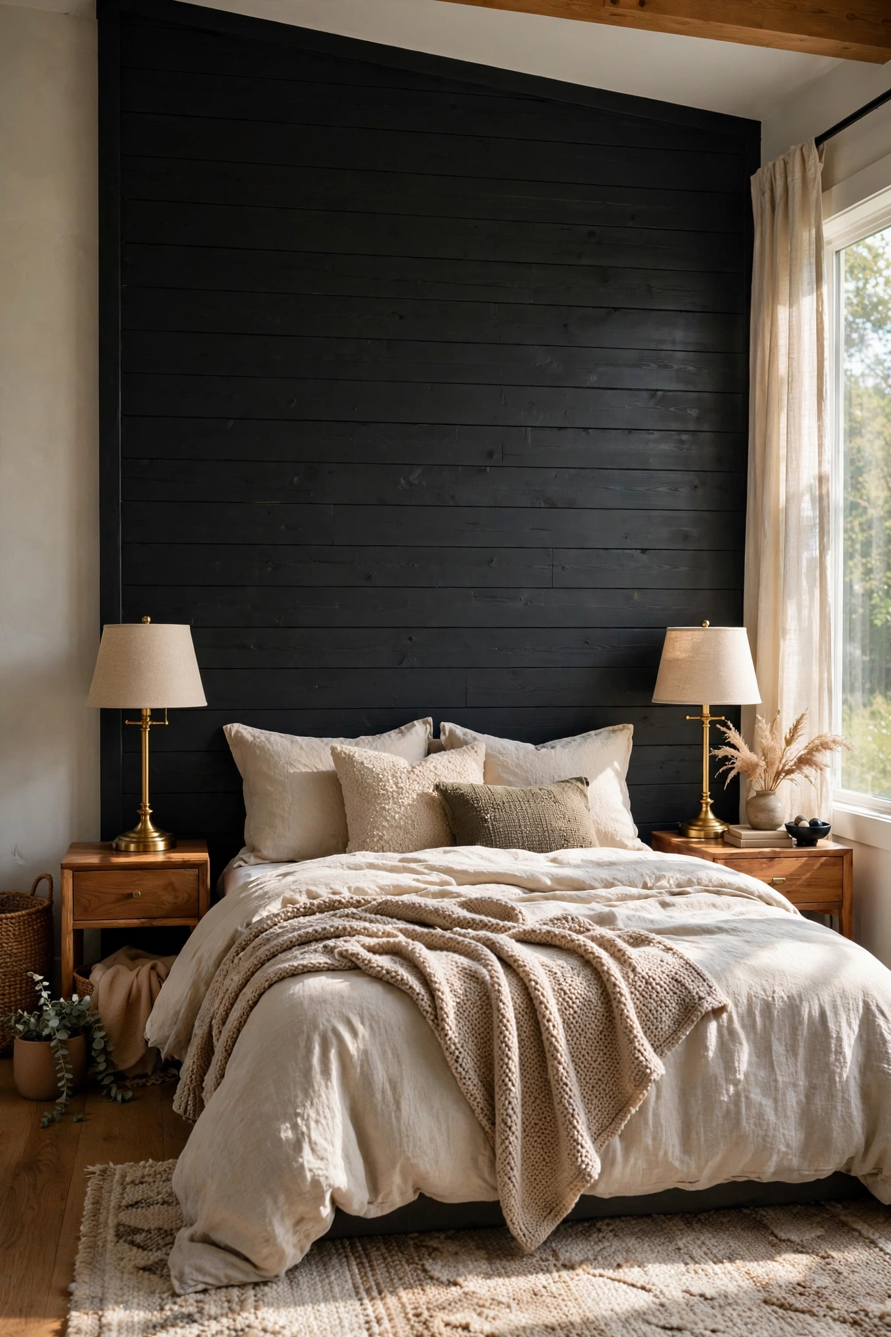 Moody bedroom with charcoal black painted shiplap accent wall behind the bed