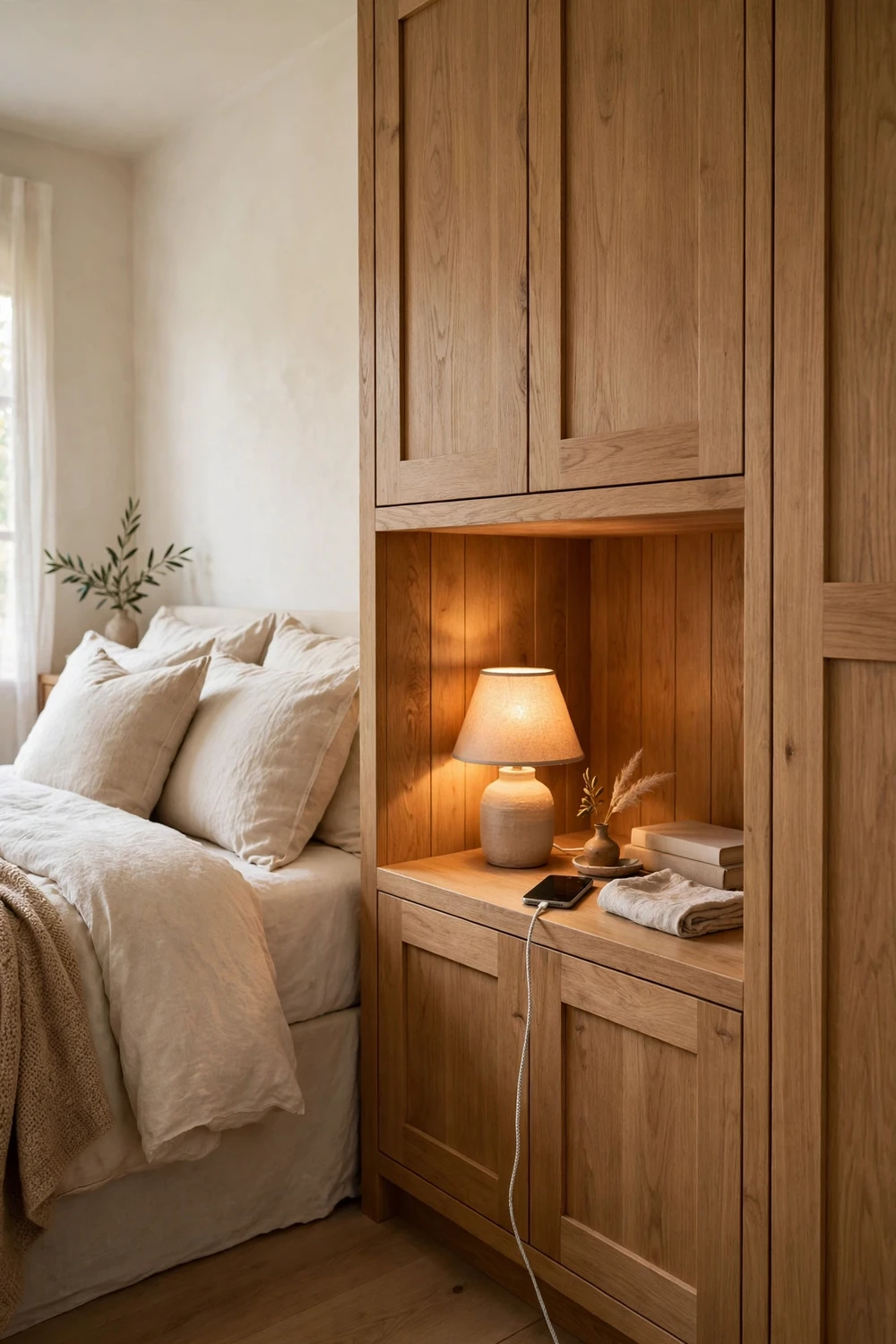 Built-in bedside shelf in a fitted wardrobe with a phone charging and a small lamp