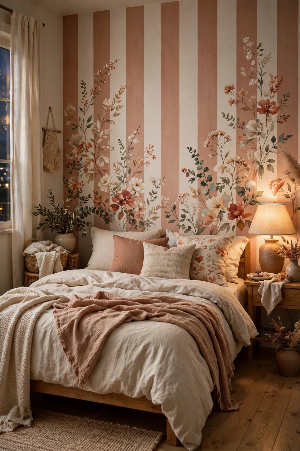 Stunning Chasing Paper fabric removable wallpaper with an original painterly pattern behind a cozy bed