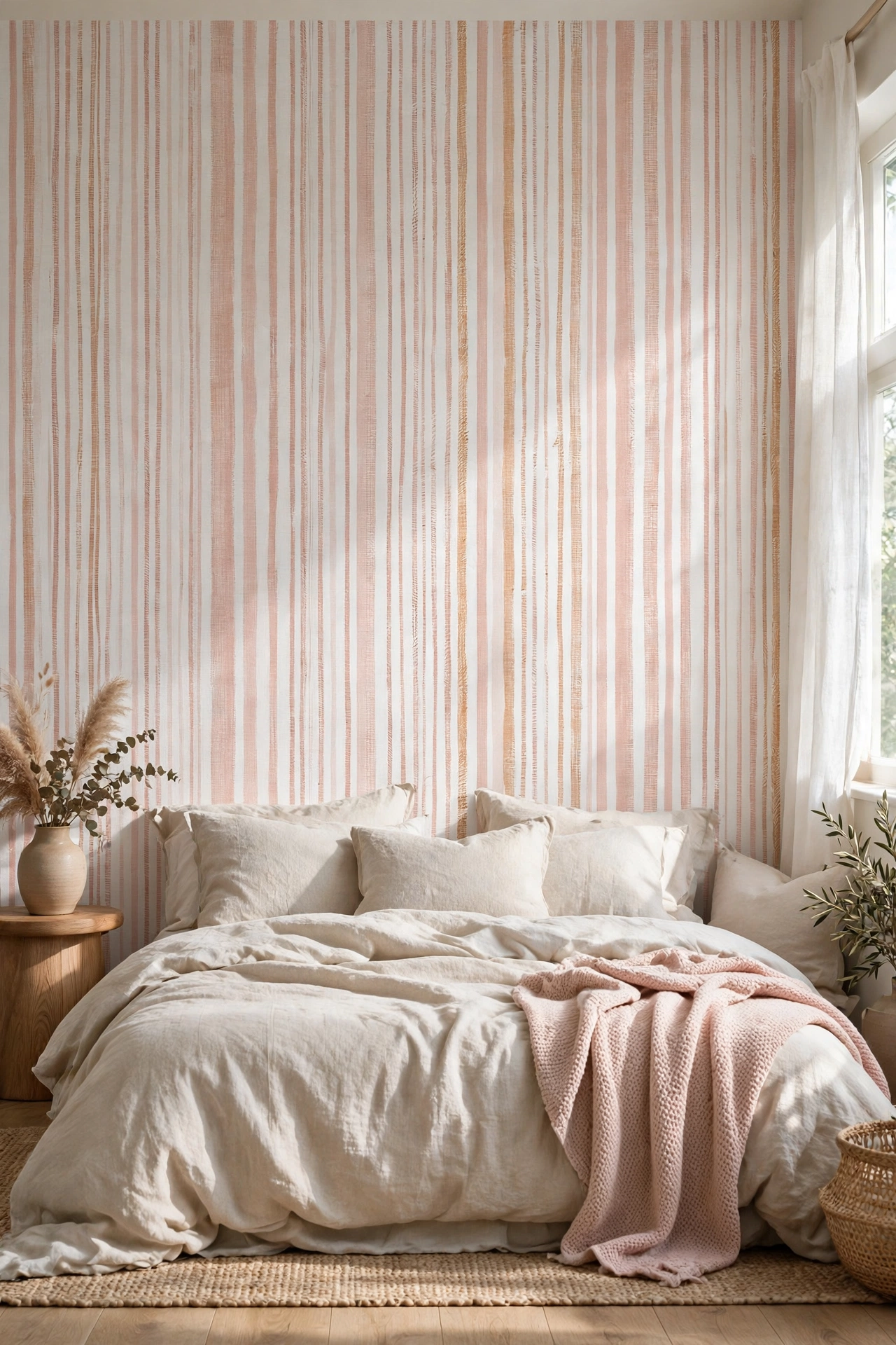 Bedroom accent wall with Chasing Paper blush pink hand-drawn stripe fabric wallpaper and linen bedding