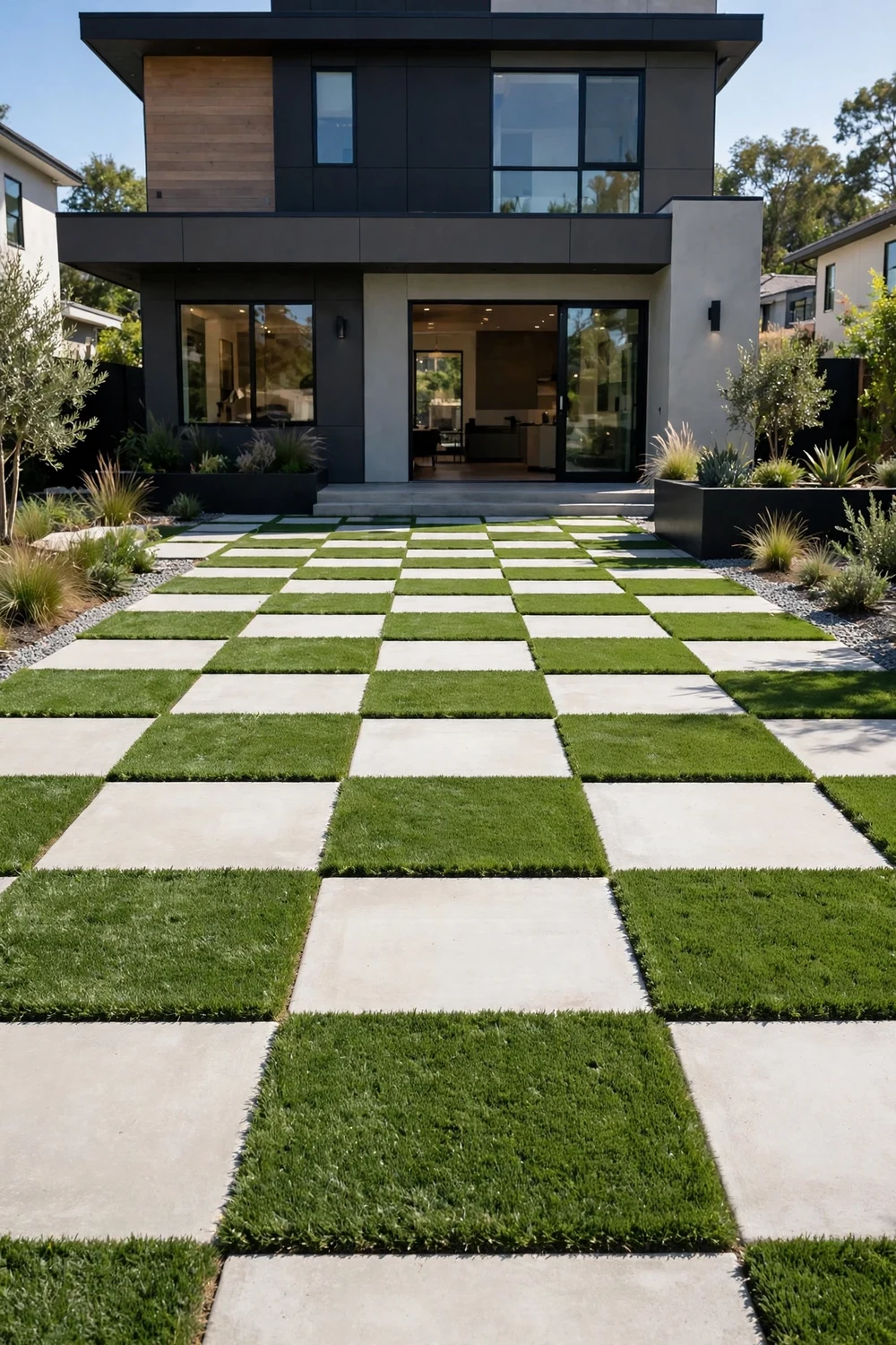 Bold checkerboard pattern of square concrete pavers alternating with green turf squares