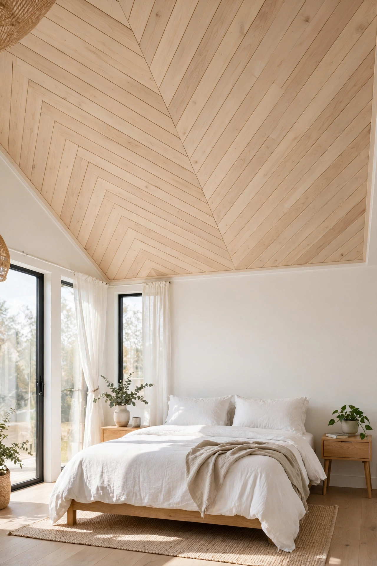 Diagonal laid wood plank ceiling in a bright modern bedroom