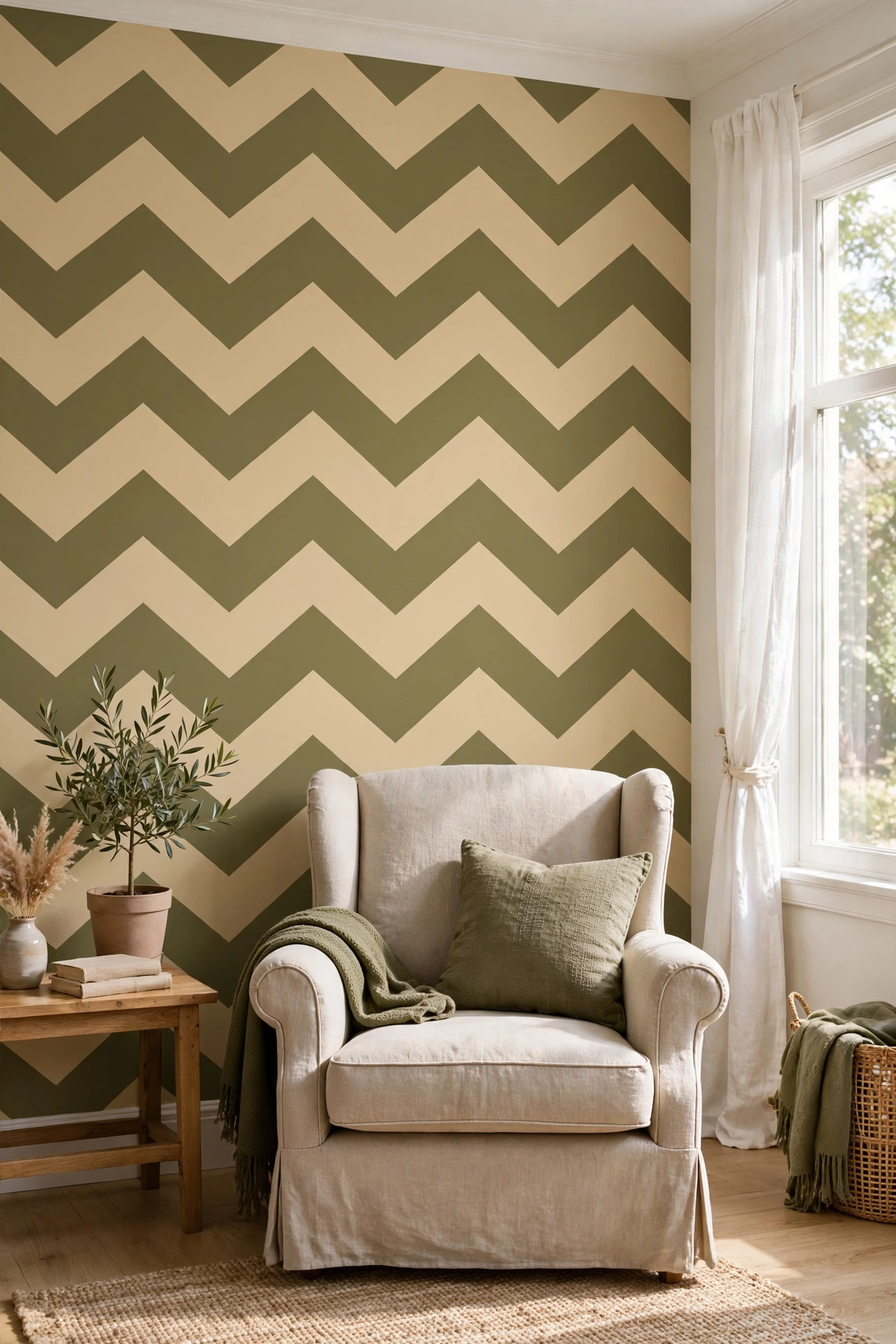 Living room wall with wide chevron zigzag stripes in beige and olive
