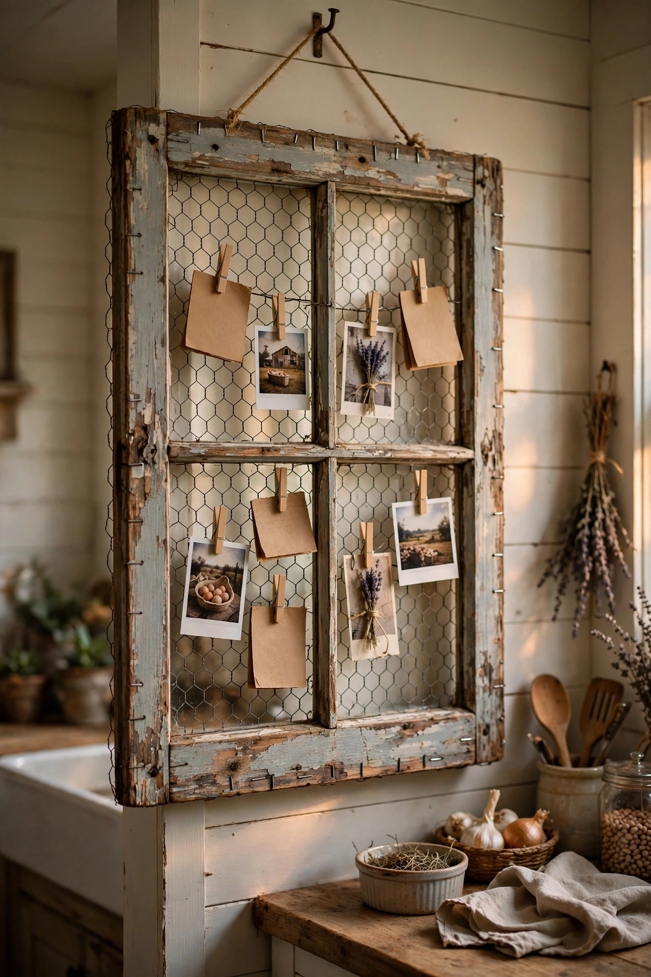 Old window frame with chicken wire backing holding notes and photos with clothespins