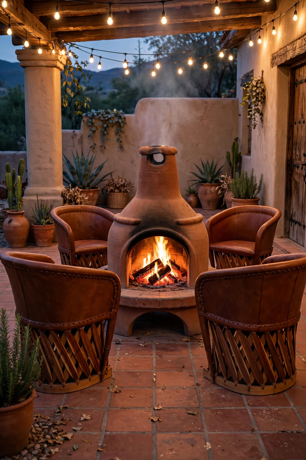 Traditional clay chimenea fireplace glowing on a hacienda patio at dusk with string lights