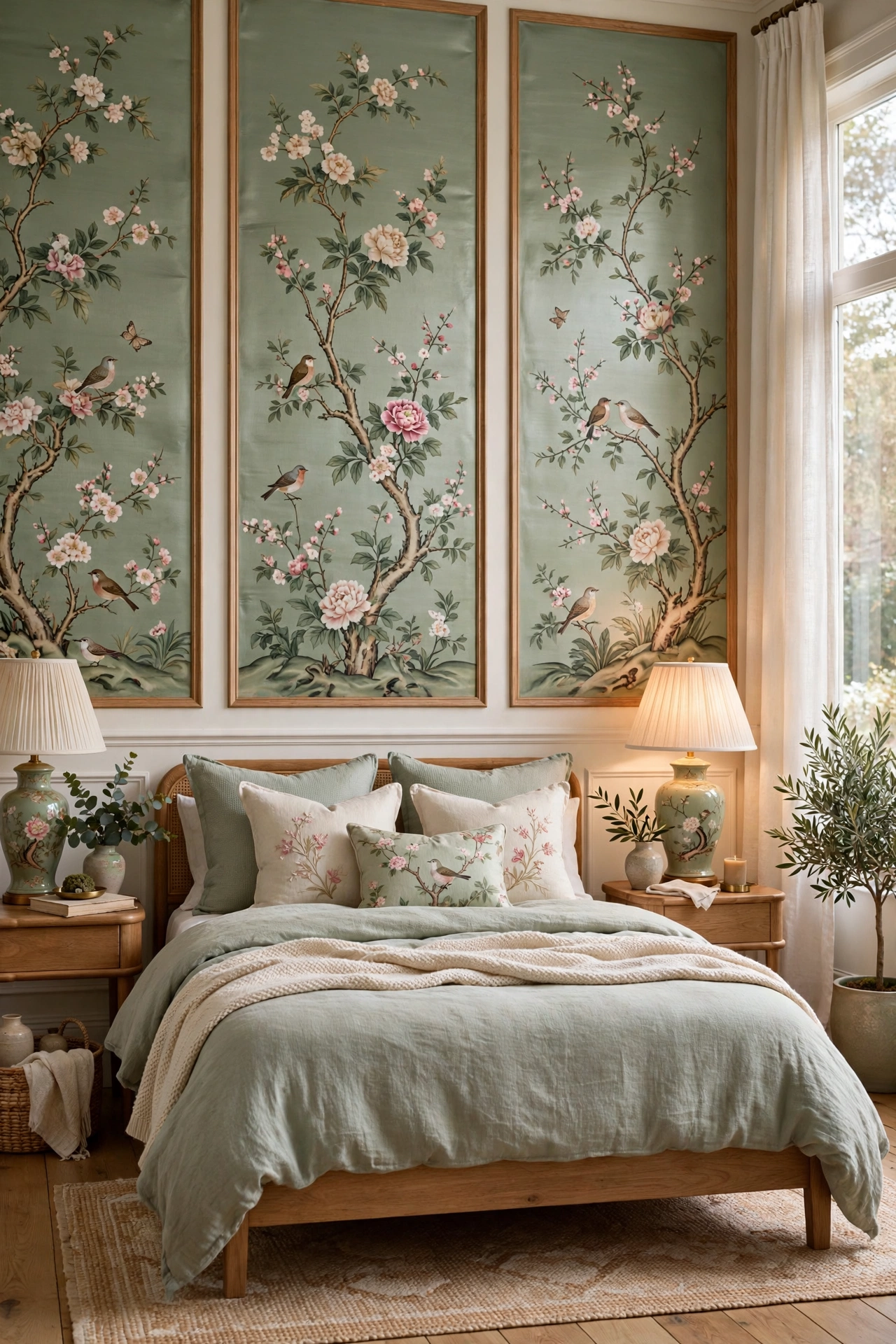 Elegant bedroom with chinoiserie floral wallpaper panels featuring birds and blossoms