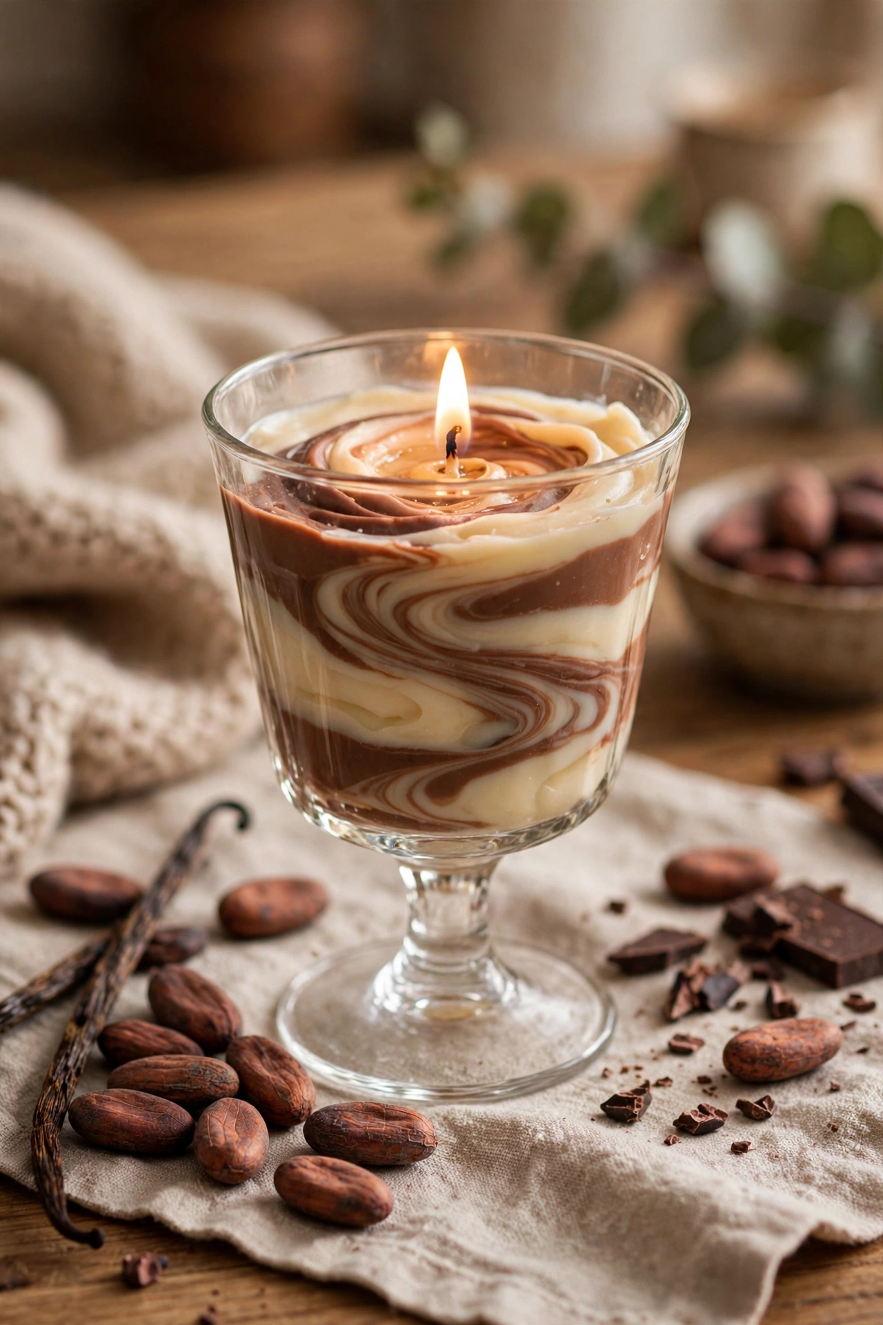 Chocolate vanilla scented candle with creamy swirled wax in a dessert glass