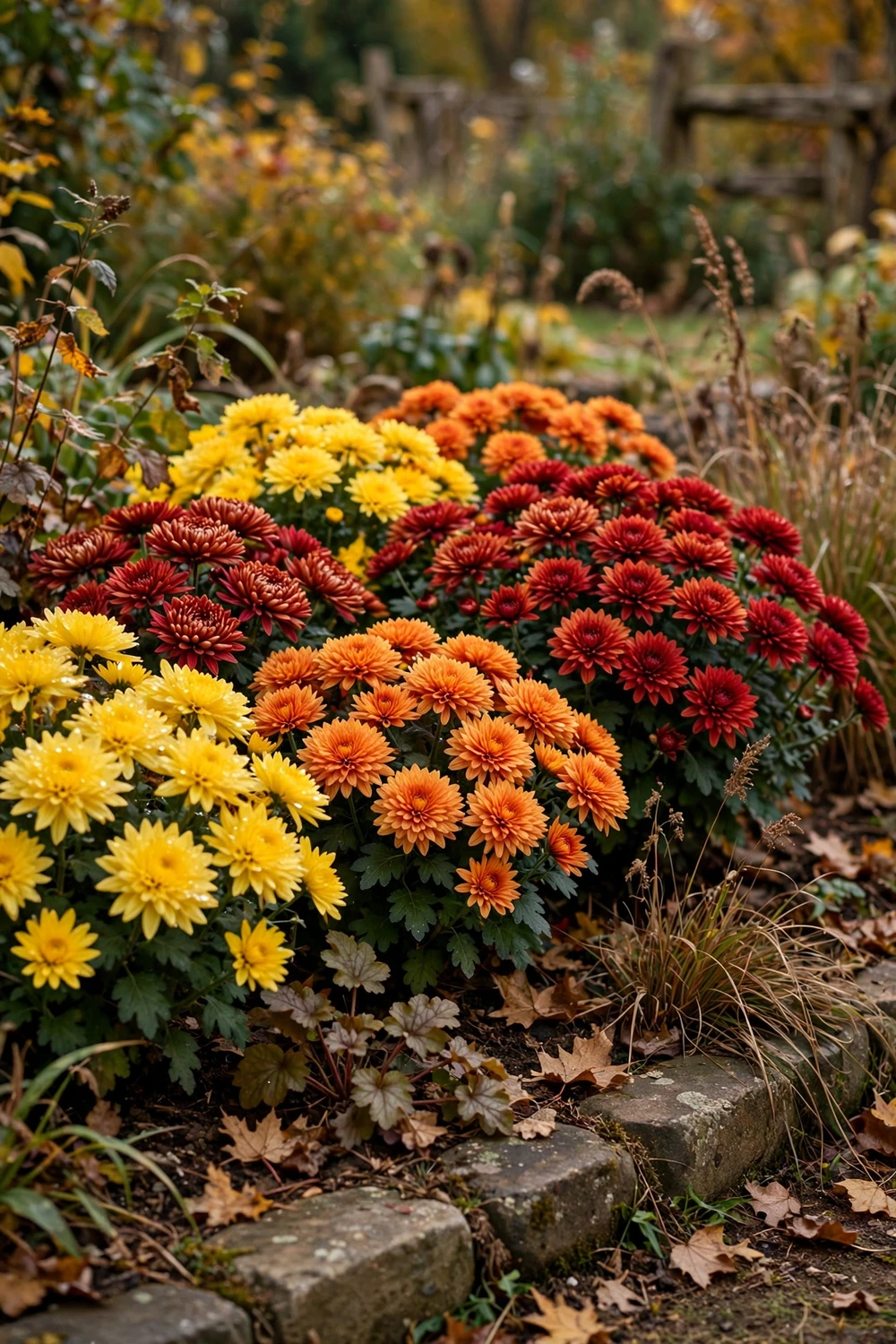 Chrysanthemum mums in rich yellow, orange and red fall colors in a garden border