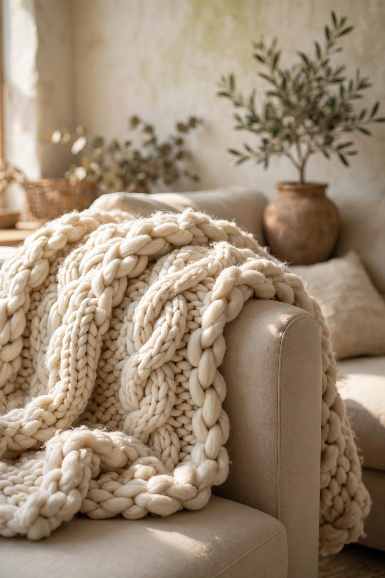 Chunky knit wool throw draped over a cream sofa arm in a warm living room