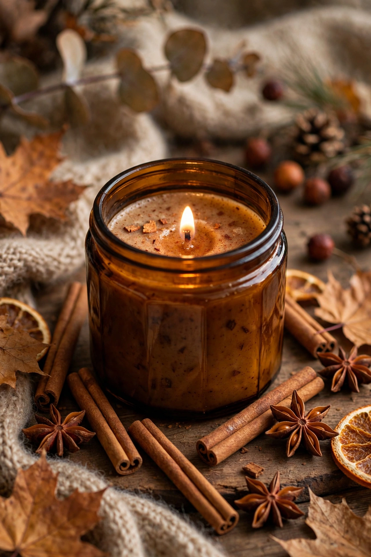 Homemade cinnamon spice candle in an amber glass jar with cinnamon sticks