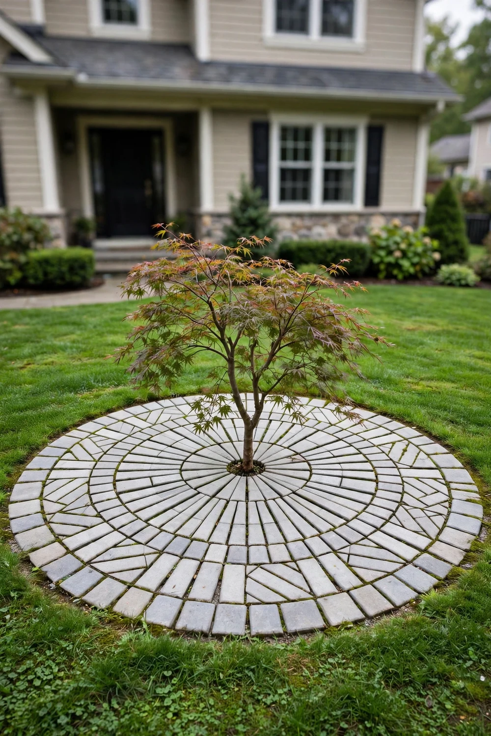 Circular medallion pattern of concrete pavers as a focal point in a front yard lawn
