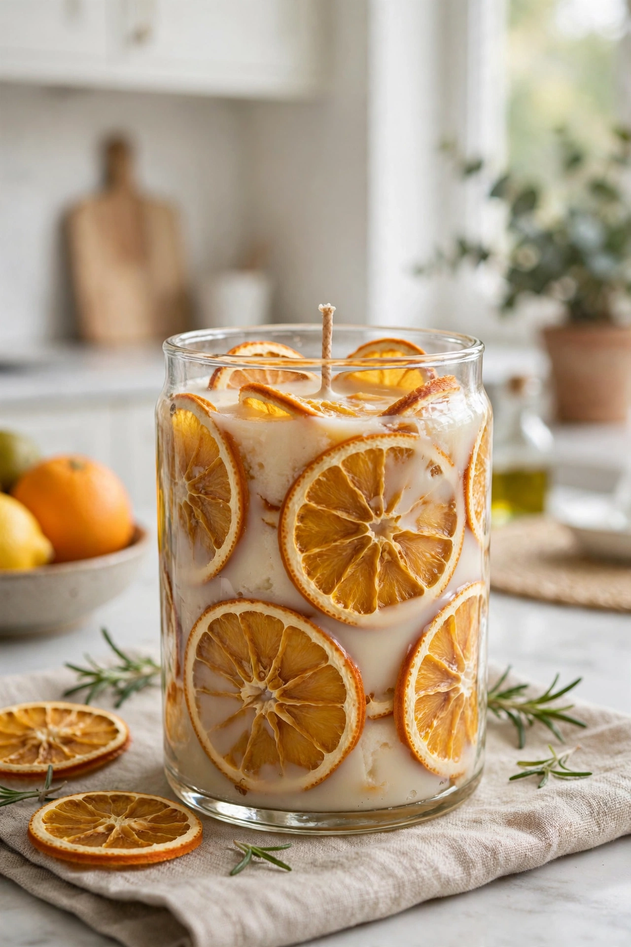 Homemade citrus candle with dried orange slices embedded in wax in a glass jar