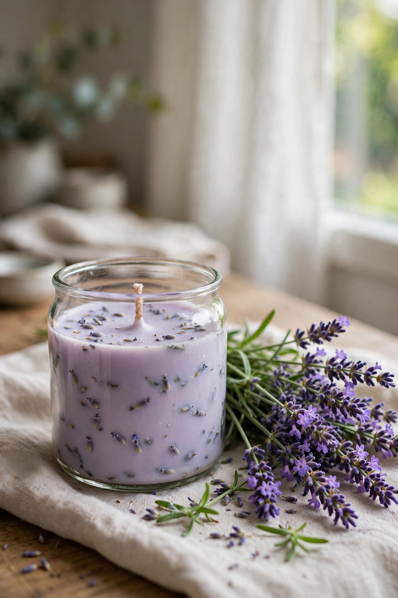 Homemade lavender soy candle in a clear glass jar with fresh lavender sprigs