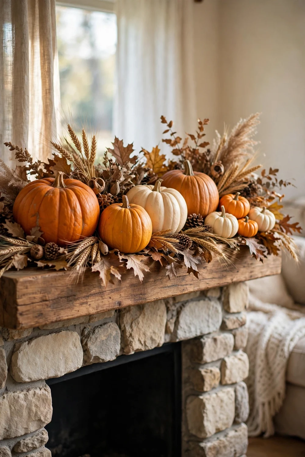 Fall mantel decorated with a classic cluster of orange, gold and cream pumpkins