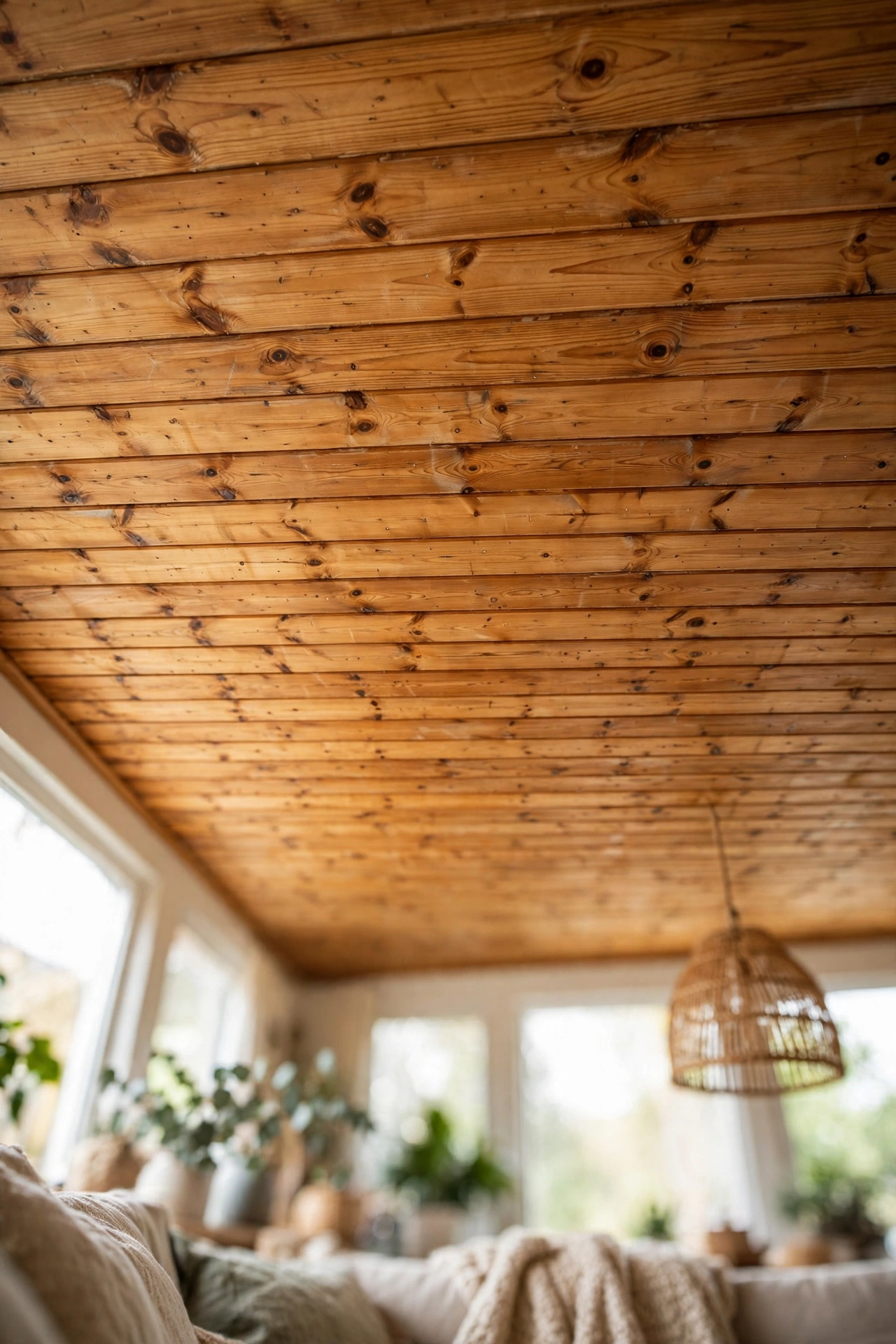 Warm natural pine tongue-and-groove plank ceiling in a cozy living room
