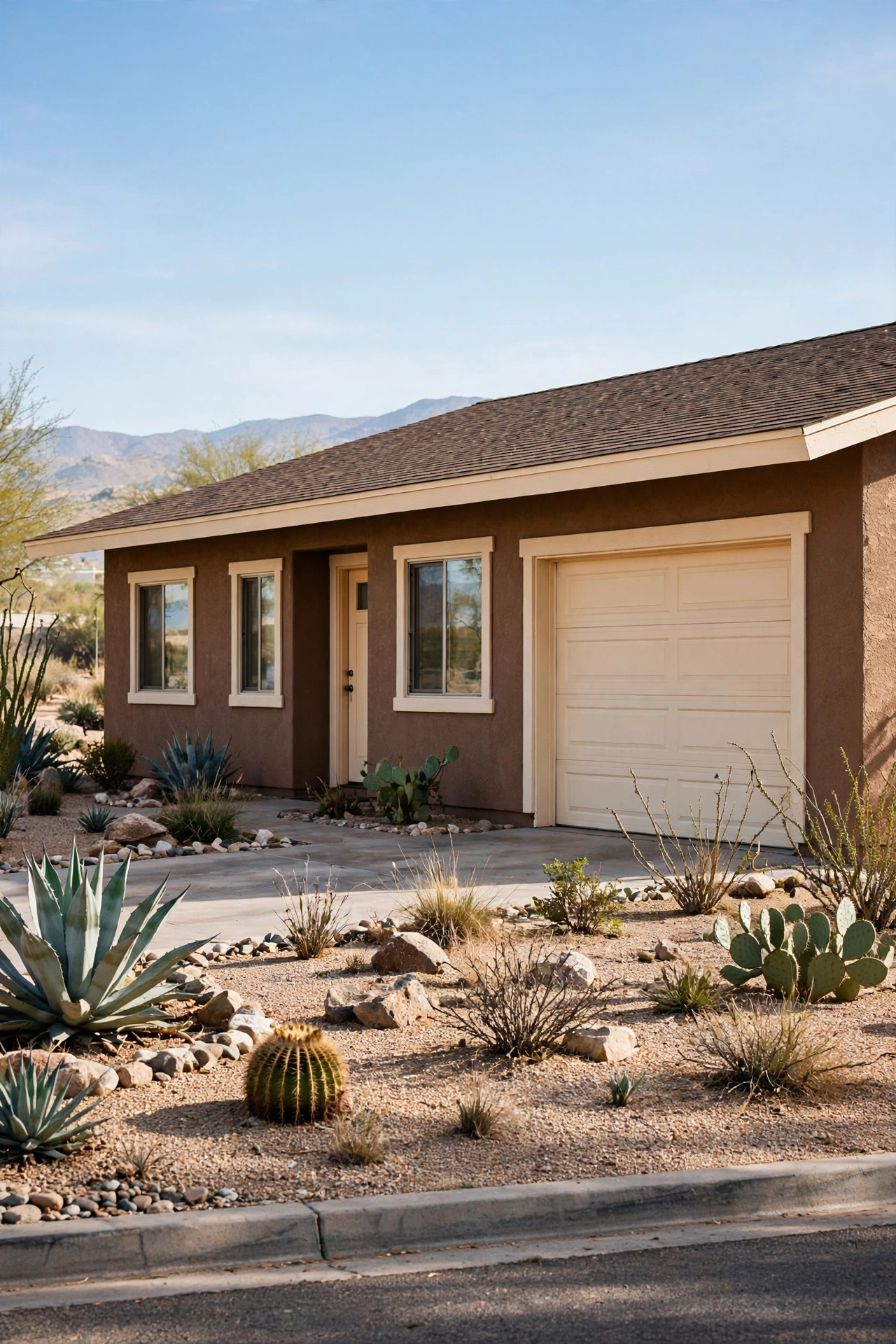 Clay brown ranch-style house with warm white trim and desert landscaping