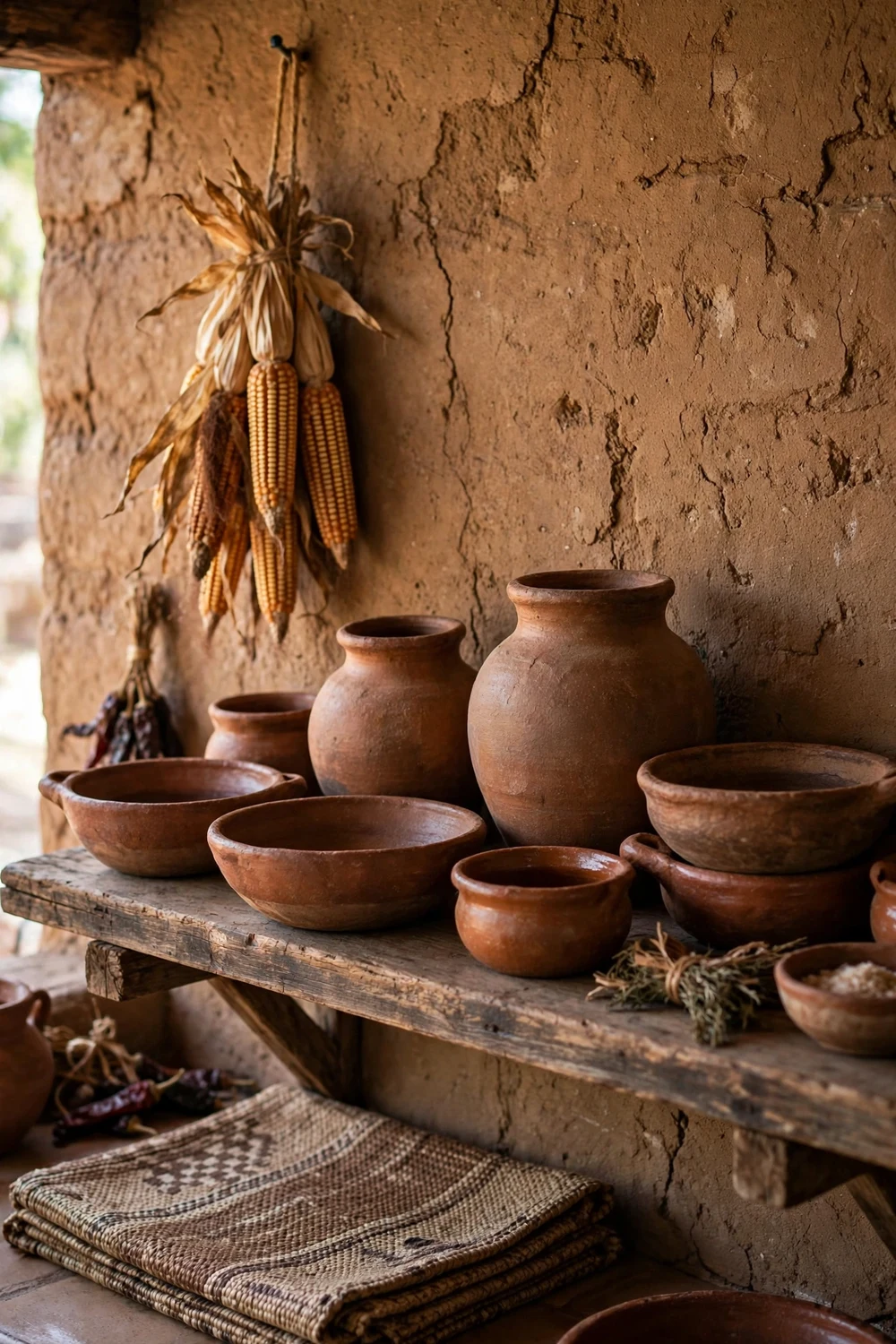 Traditional Mexican clay ollas and cazuelas displayed in a kitchen