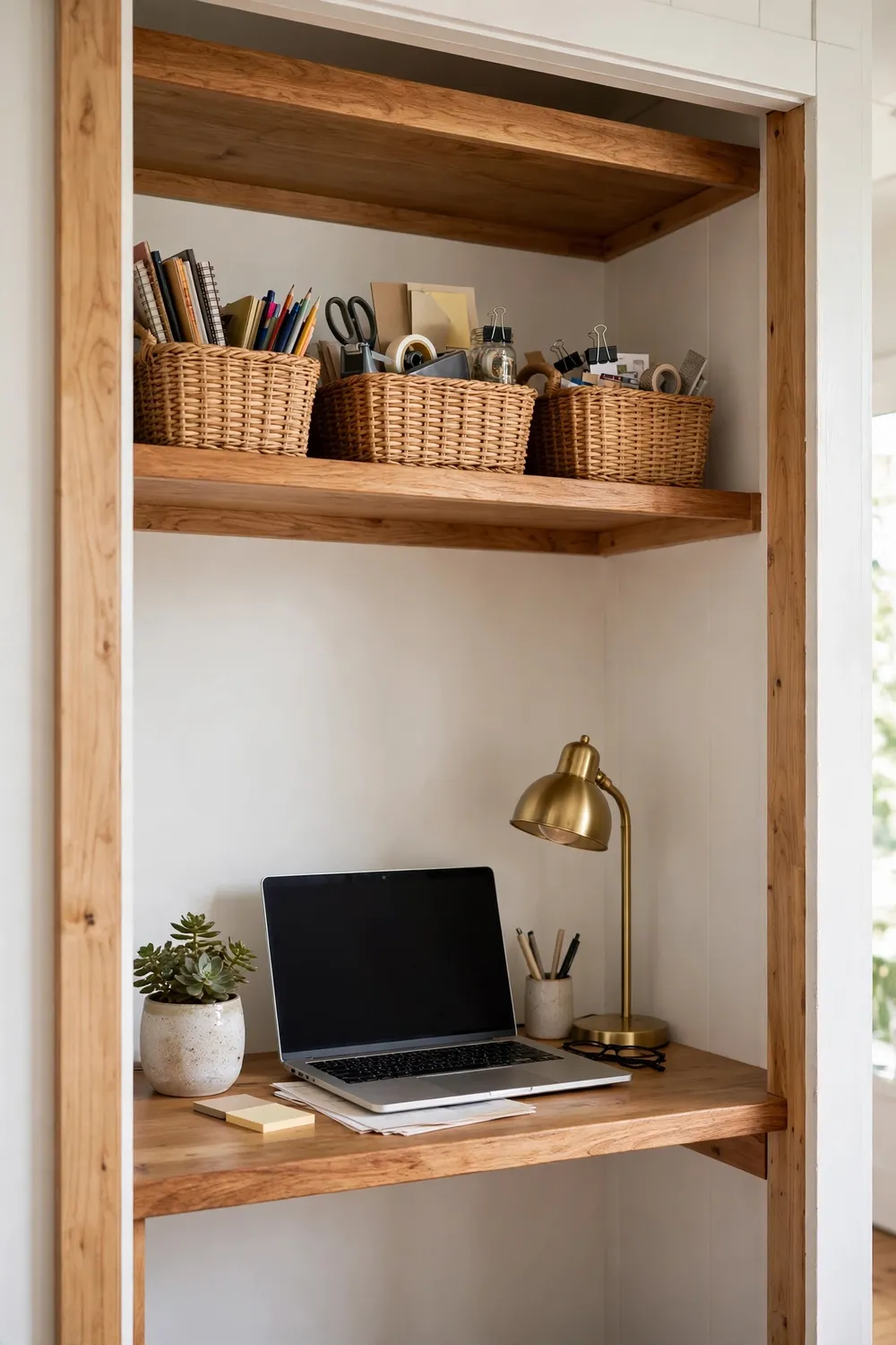 Small home office desk set up inside a closet under a raised storage shelf